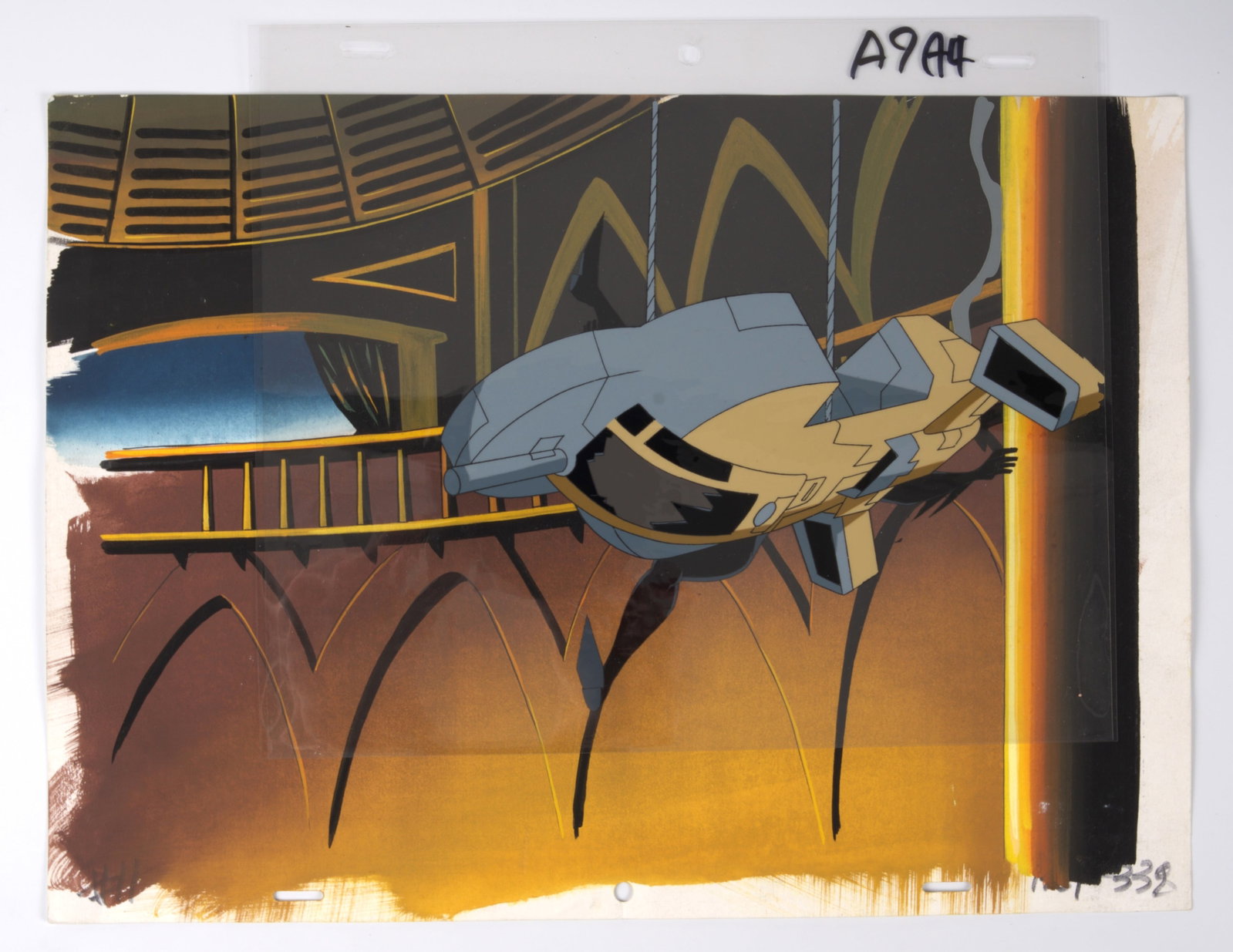Batman Beyond Original Hand Painted Animation Cel Set-up and Background (Warner Bros, 1999-2001): Batman Beyond Original Hand Painted Animation Cel Set-up and Background (Warner Bros, 1999-2001).?Two layer of production cel of a model of a craft and full art of Batman (Terry McGinnis) being knocke