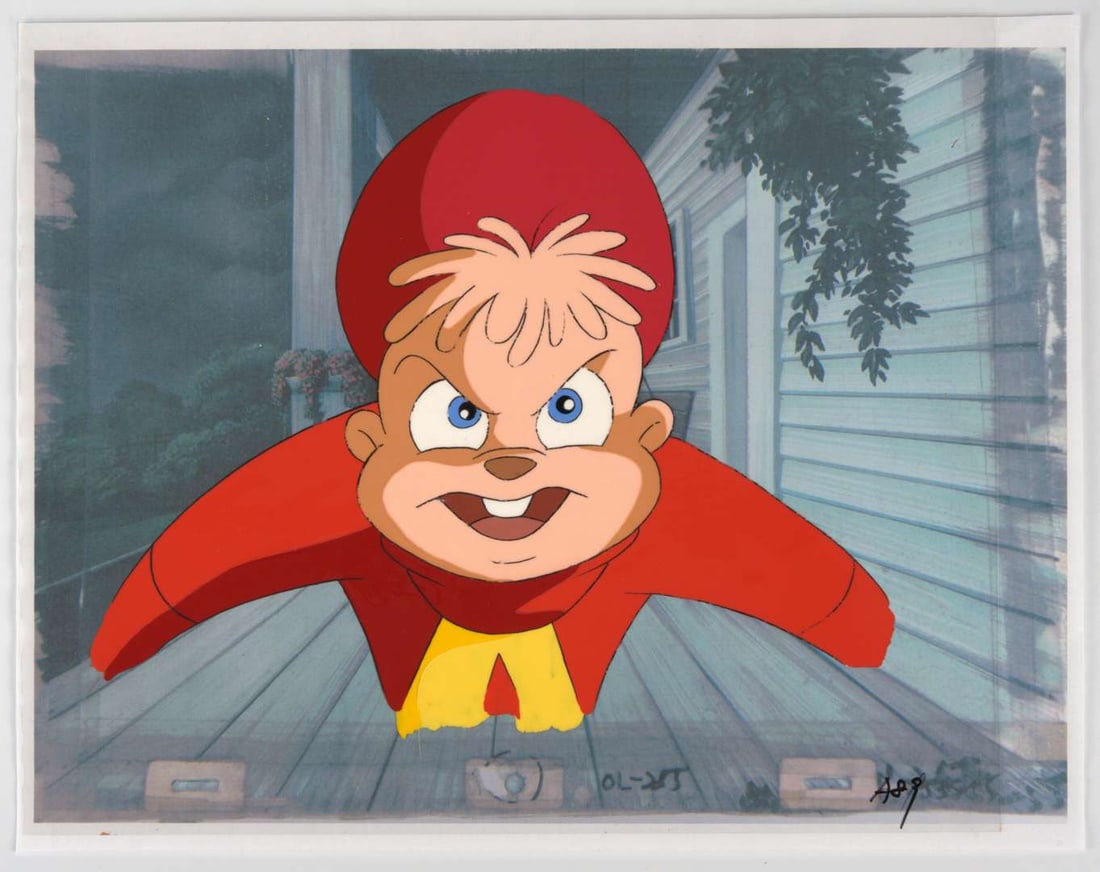 Alvin and The Chipmunks Animation Original Alvin, Theodore and Simon Production Cels (DIC Animation: Alvin and The Chipmunks Animation Original Hand Painted Production Cels (DIC Animation 1983-1990) Total 3.?Hand painted original animation close-up cel of Alvin with a reproduction background. With a 