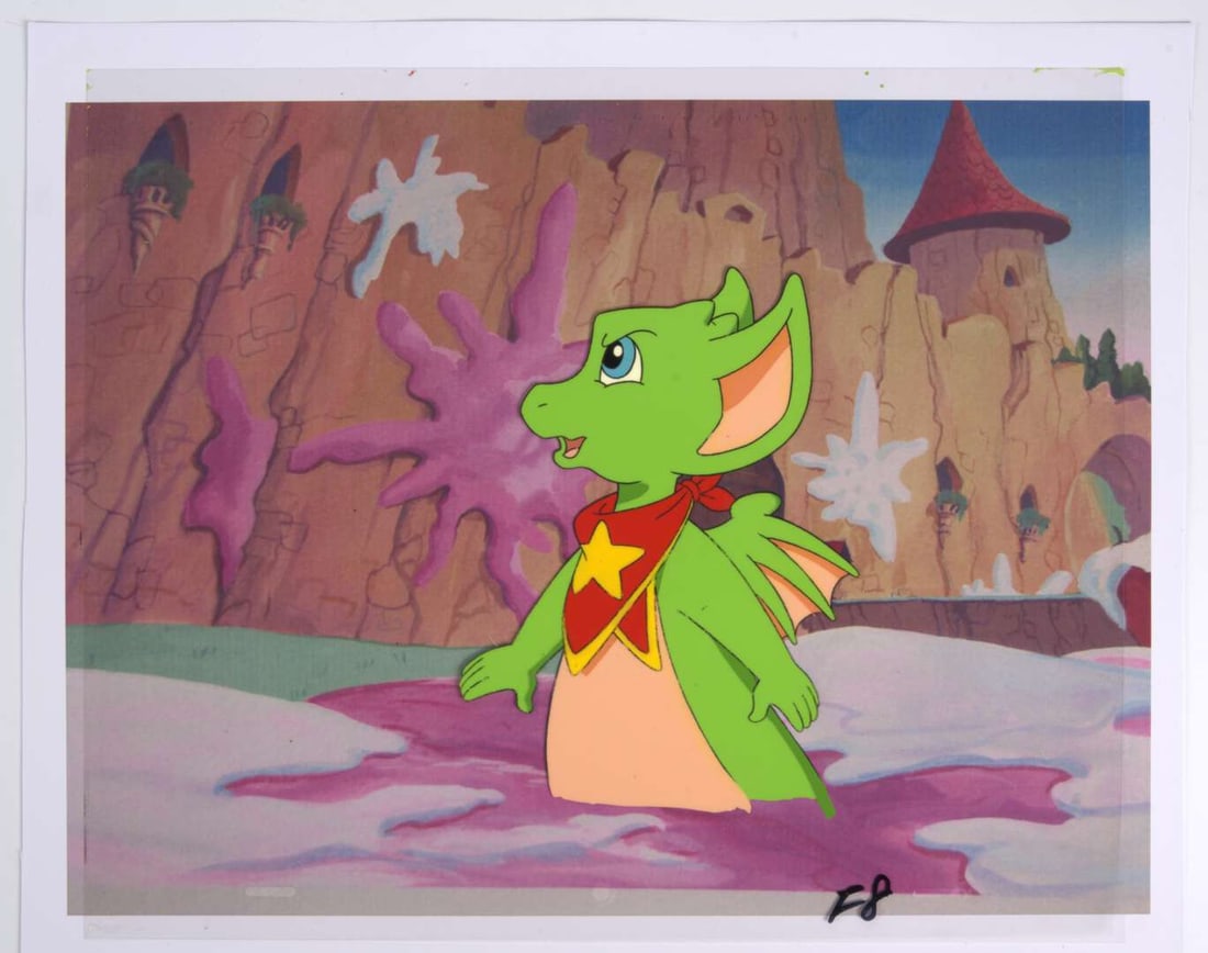 Pocket Dragon Adventures Original Production Animation Cels (DIC Productions 1998-1999) Total 3: Pocket Dragon Adventures Original Hand Painted Production Animation Cels (DIC Productions, 1998-1999) Total 3.A original animation cel of dragon Filbert, with a reproduction background. With a origina