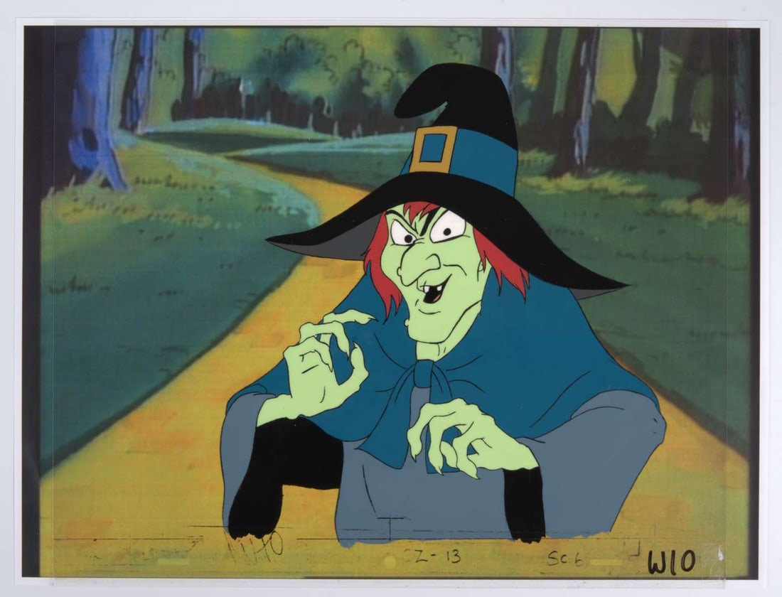 Journey Back to Oz Original Dorothy, Jack, Wicked Witch and Wooden-Head Production Cels (Filmation,: Journey Back to Oz Hand Painted Production Animation Cels (Filmation, 1972) Total 2.?Original animation cel of Wicked Witch of the West with a printed background. With an original animation cel of Sca