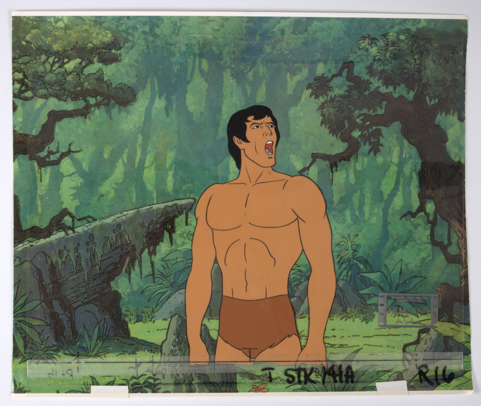 Tarzan, Lord of The Jungle Original Tarzan Production Cel (Filmation, 1976-1978): Tarzan, Lord of The Jungle Original Hand Painted Production Cel (Filmation, 1976-1978).?Hand painted production cel of Tarzan with printed background on card. Stamped Filmation in bottom right corner.