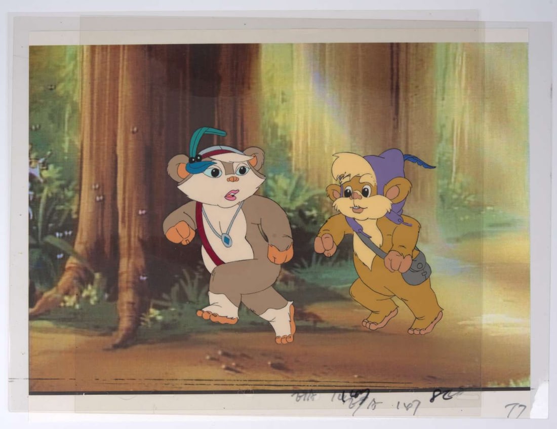 Star Wars: Ewoks The Animated Series Original Hand Painted Production Cels (Lucas Film, 1985-1986): Star Wars: Ewoks The Animated Series Production Cels (Lucas Film, 1985-1986) Total 2.Original hand painted animation multi layer cels of ewoks: Latara and Teebo, with a reproduction background. With a