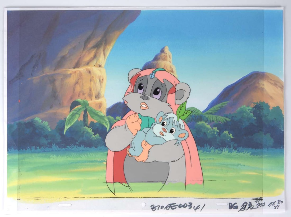 Star Wars: Ewoks The Animated Series Original Hand Painted Production Cels (Lucas Film, 1985-1986): Star Wars: Ewoks The Animated Series Original Hand Painted Production Cels (Lucas Film, 1985-1986) Total 3.?Original animation cel of Princess Kneesaa carrying a baby Ewok, with printed background. Fr
