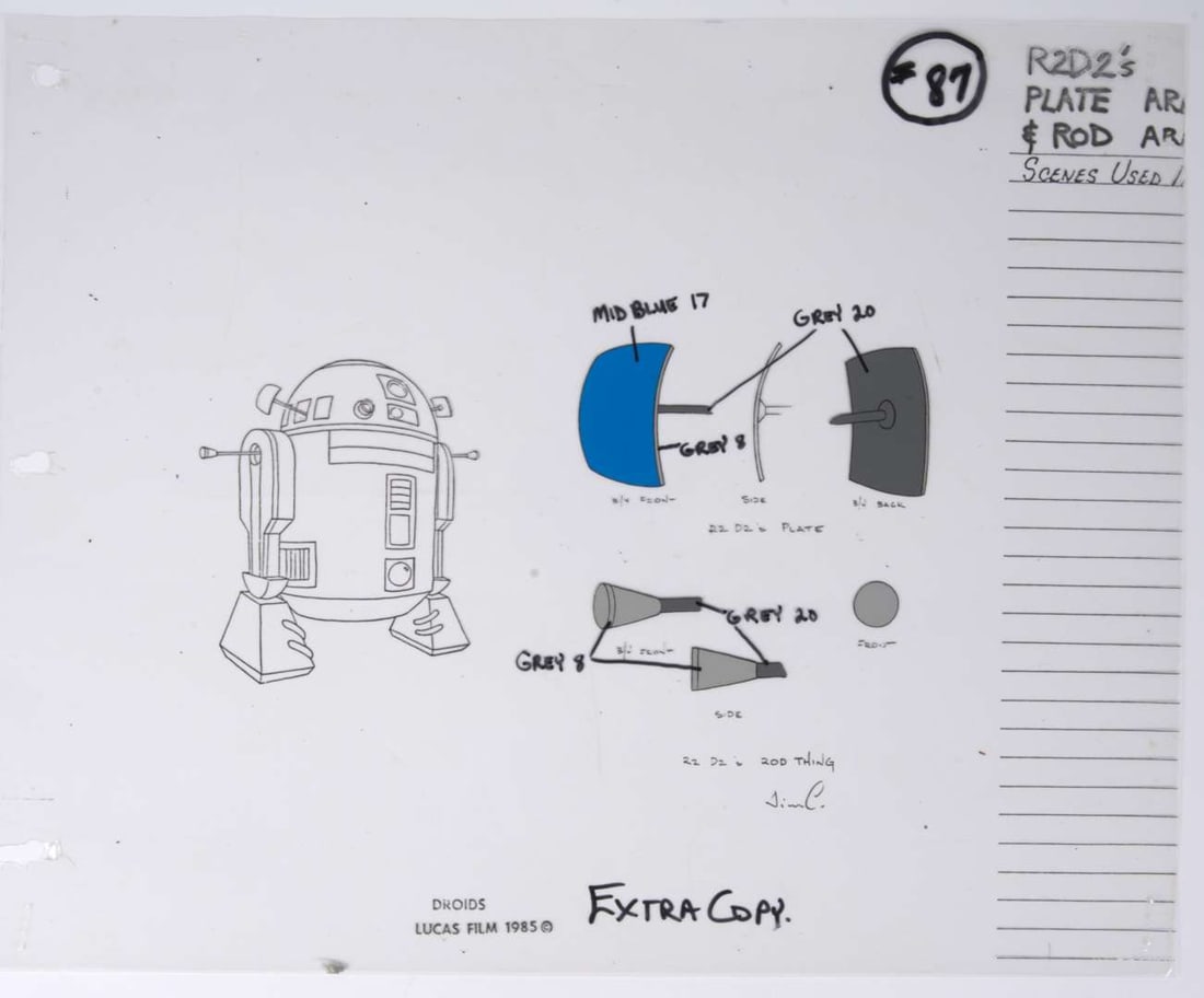 Star Wars: Droids Original Production R2-D2, C-3PO And Forklift Model Sheets (Lucas Film, 1985-1986): Star Wars: Droids Original Production R2-D2, C-3PO And Forklift Model Sheets (Lucas Film, 1985-1986) Total 3.Production hand drawn model sheets of: R2-D2 plate/arm, C-3PO chest door and Fork Lift with
