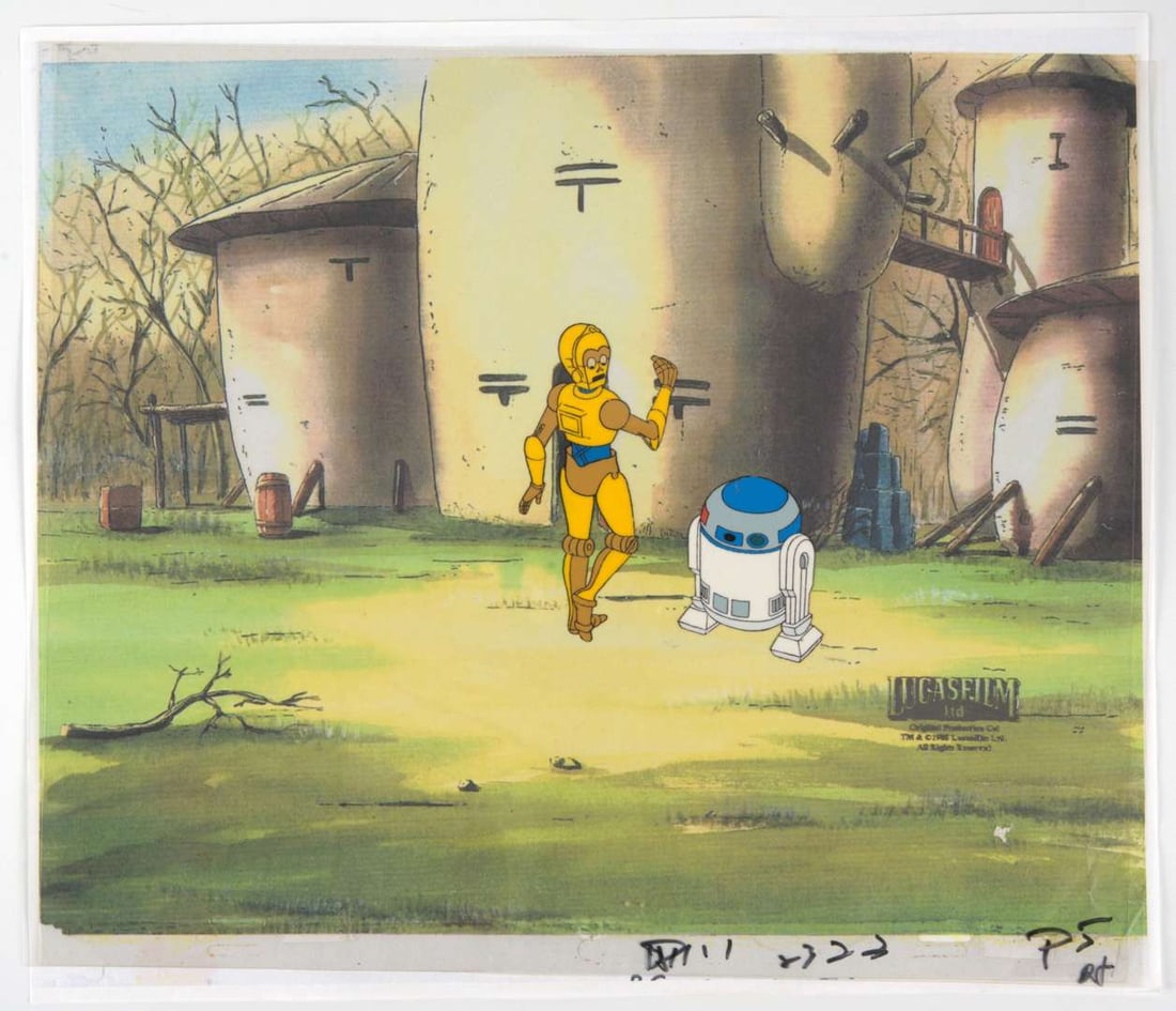 Star Wars: Droid Original R2-D2 & C3-PO Multi Layered Production Cels (Lucas Film, 1985-1986) Total: Star Wars: Droid Original R2-D2 & C3-PO Multi Layered Production Cels (Lucas Film, 1985-1986) Total 2.Original hand painted two layer animation cels of R2-D2 and C-3PO. Stamped Lucas Film 1985, in bot