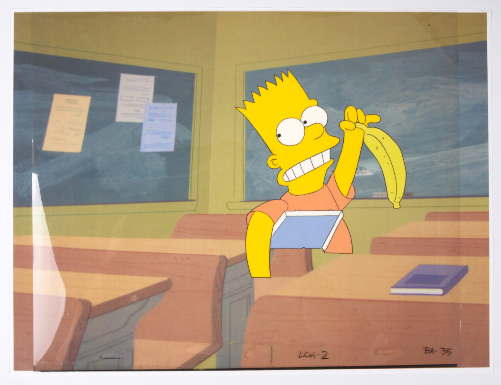 The Simpsons 'Bart The Genius' Original Bart Simpson Production Animation Cel (Fox, 1989-Present): The Simpsons Hand Painted Production Cel (Fox, 1989-Present).?Hand painted animation cel from ?Bart The Genius?, season 1 episode 2 (1990). Shows Bart Simpson holding a banana. Single cel sheet and a 