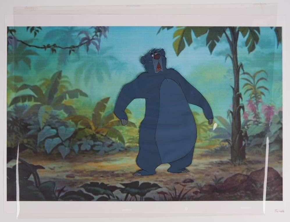 The Jungle Book Original Hand Painted Baloo Production Cel (Walt Disney Productions, 1967): The Jungle Book Original Hand Painted Production Cel (Walt Disney Productions, 1967).?Hand pained single layer cel of Baloo from The Jungle Book, with a reproduction background.Certificate of authenti