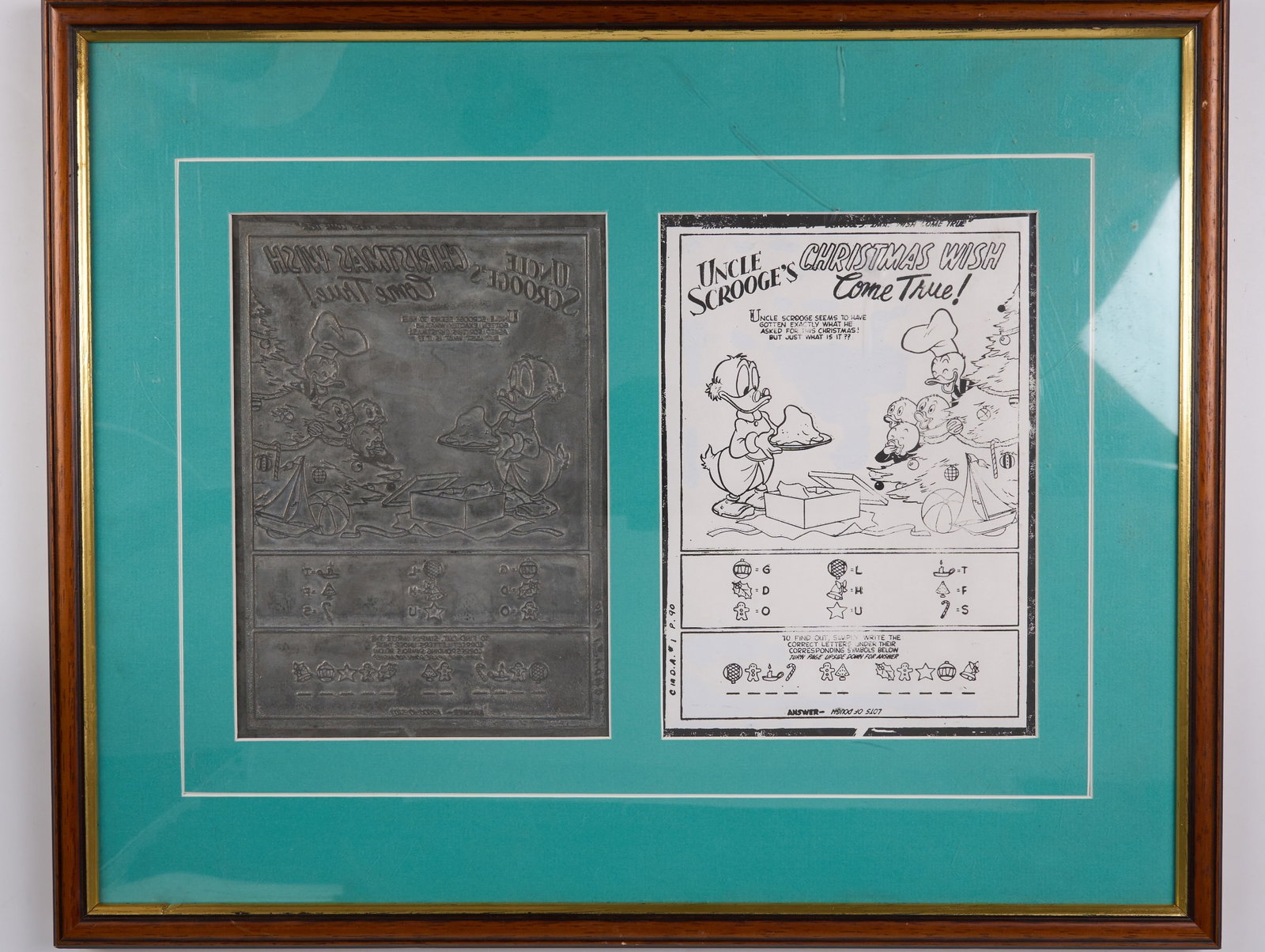 Walt Disney's Scrooge McDuck Christmas Wish Come True Ink Puzzle Page And Printing Plate Framed (1 of 1)