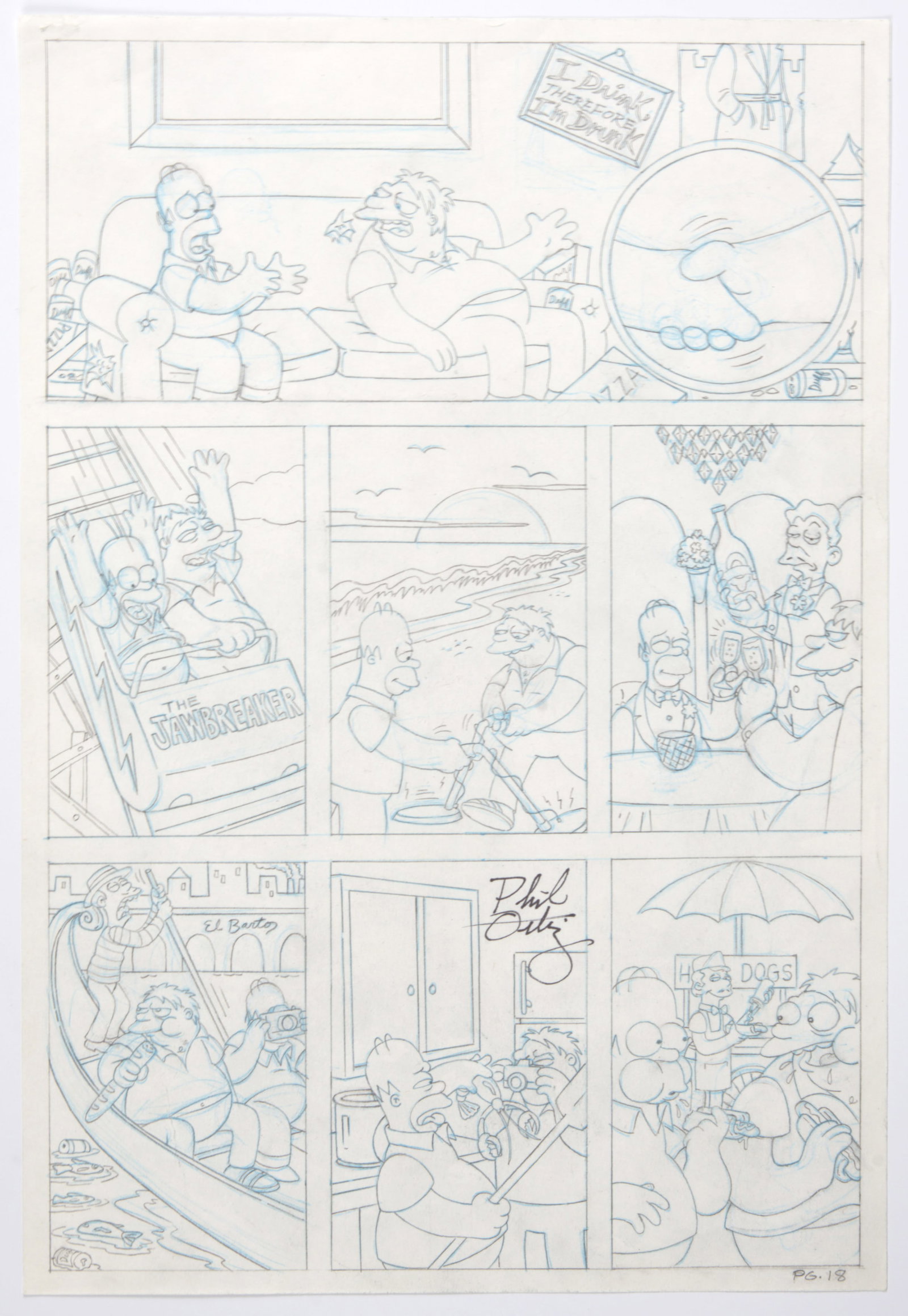 Phil Ortiz The Simpsons Comic #42 Story Page 18 Signed (Bongo Comics, April 1999): The Simpsons Hand Drawn Comic #42 Story Page 18 (Bongo Comics, April 1999).?Pencil hand drawn comic page from issue #42 of the Simpsons Comic. Page 18 from the main story, ?The Homer Show?. Signed mid