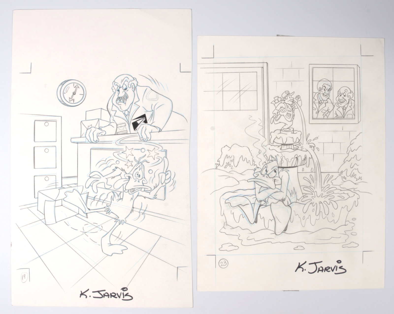 Kelly Jarvis Two Production USPS Daffy Duck Campaign Pencil Sketch Art Signed: Two Production USPS Daffy Duck Campaign Pencil Sketch Art signed by Kelly Jarvis.?One: Dizzy Daffy in a postal office, number 19. Two: Daffy sitting in a fountain, number 23.?Certificates of authentic