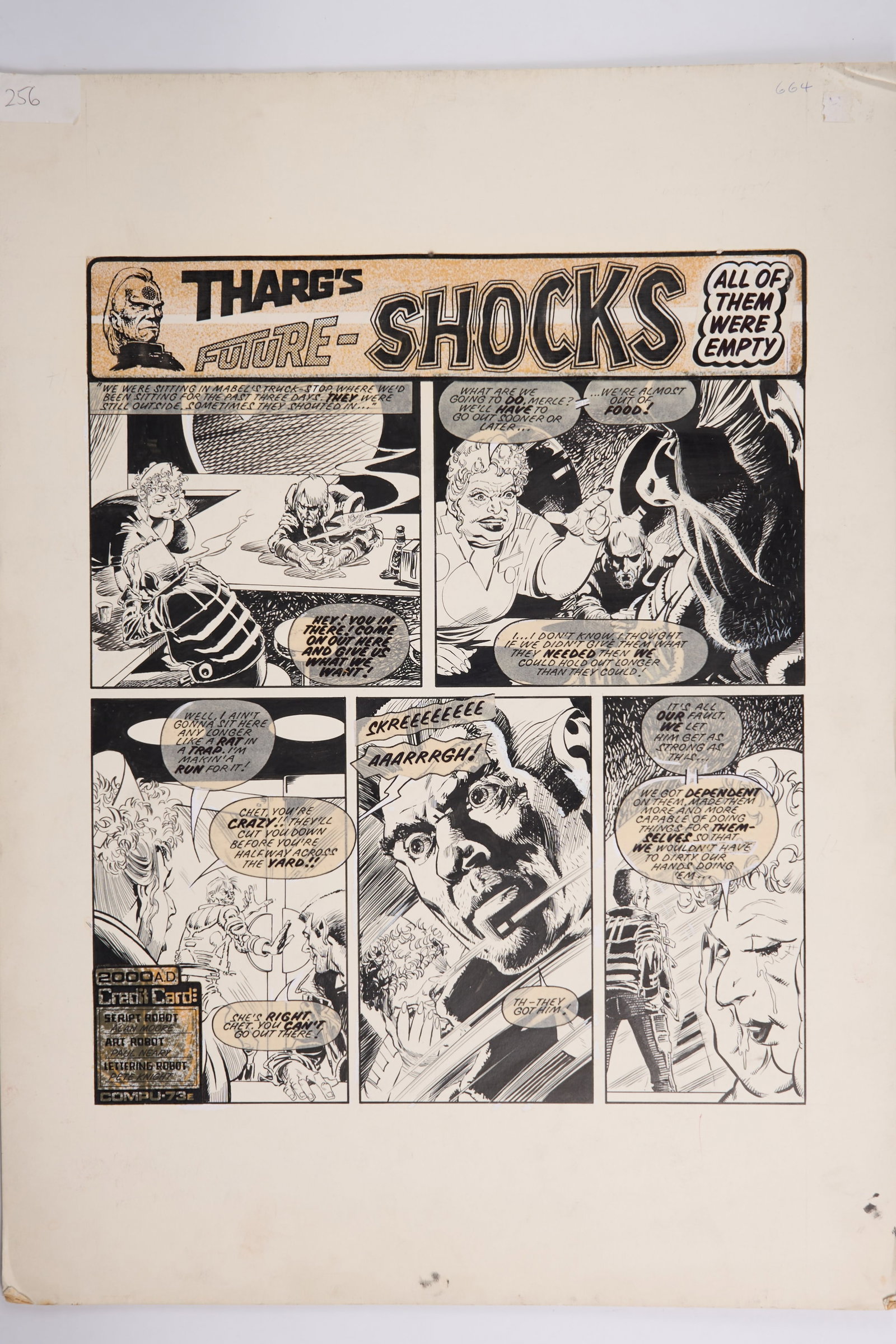 Alan Moore Paul Neary 2000 AD Prog #251 Tharg's Future-Shocks All Of Them Were Empty Story Page: Alan Moore Paul Neary 2000 AD Prog #251 Tharg's Future-Shocks All Of Them Were Empty Story Page (Fleetway, 1982).Original ink story page and speech bubbles for 2000 AD Prog #251 'Tharg's Future-Shocks