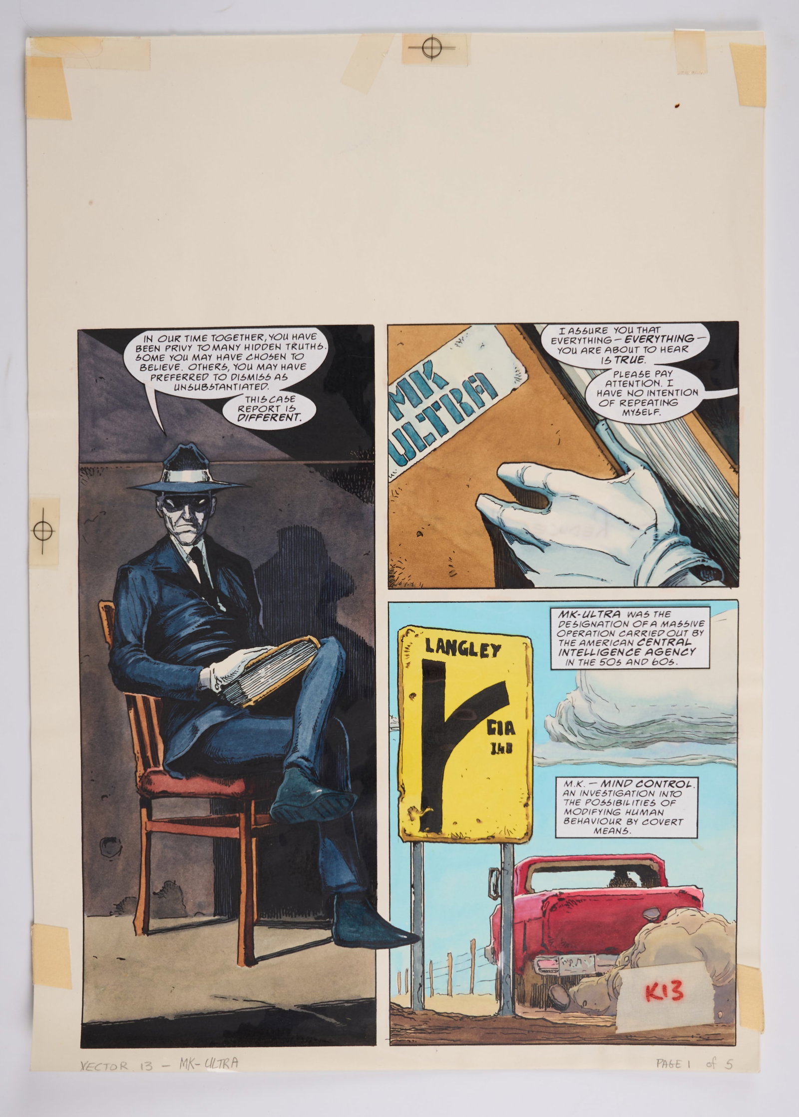 Alex Ronald 2000 AD Prog #1067 Case Six: MK-Ultra Vector 13 Colour Story Pages (Fleetway, 1997): 2000 AD Prog #1067 Case Six: MK-Ultra Vector 13 Colour Story Pages (Fleetway, 1997) Total 5.Original colour story art pages with overlay of speech bubbles and sound effect on celluloid paper, of 2000 