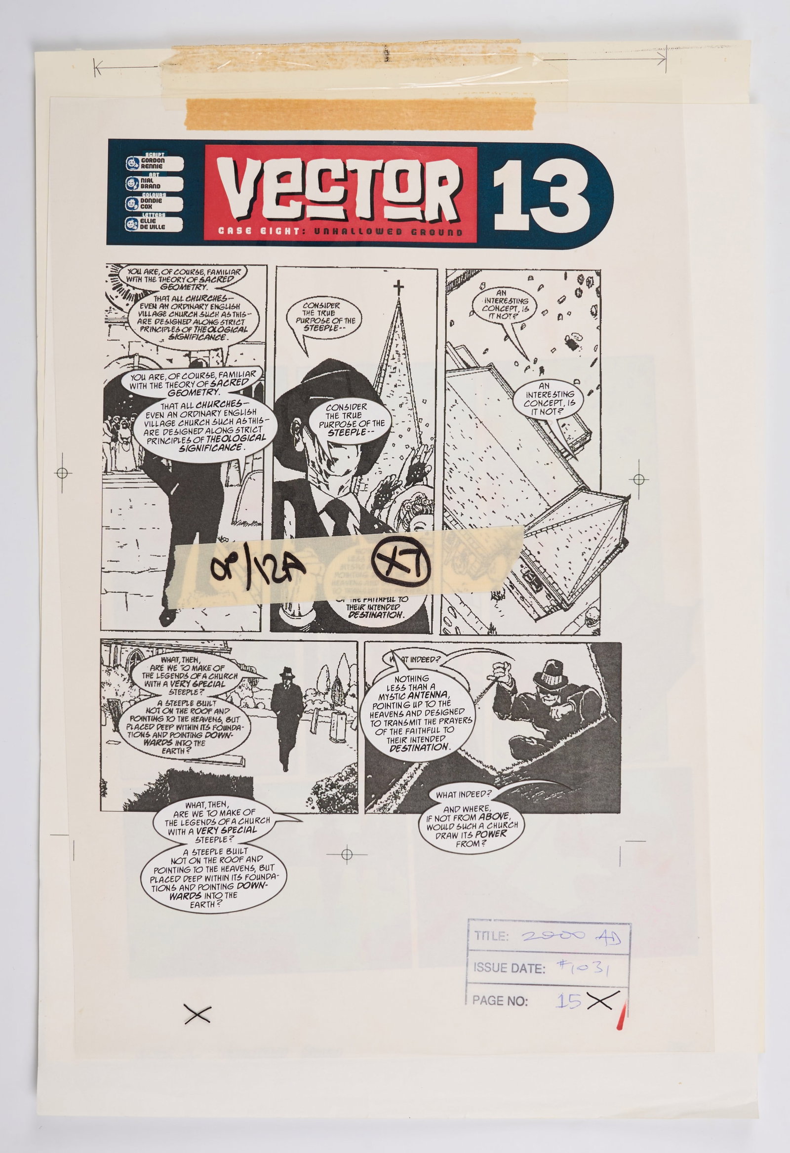 Allan Bednar 2000 AD Prog #1031 Case Eight: Unhallowed Ground Vector 13 Colour Story Pages: 2000 AD Prog #1031 Case Eight: Unhallowed Ground Vector 13 Colour Story Pages (Fleetway, 1997) Total 7.Original colour story art pages with overlay of speech bubbles and sound effect on celluloid pape