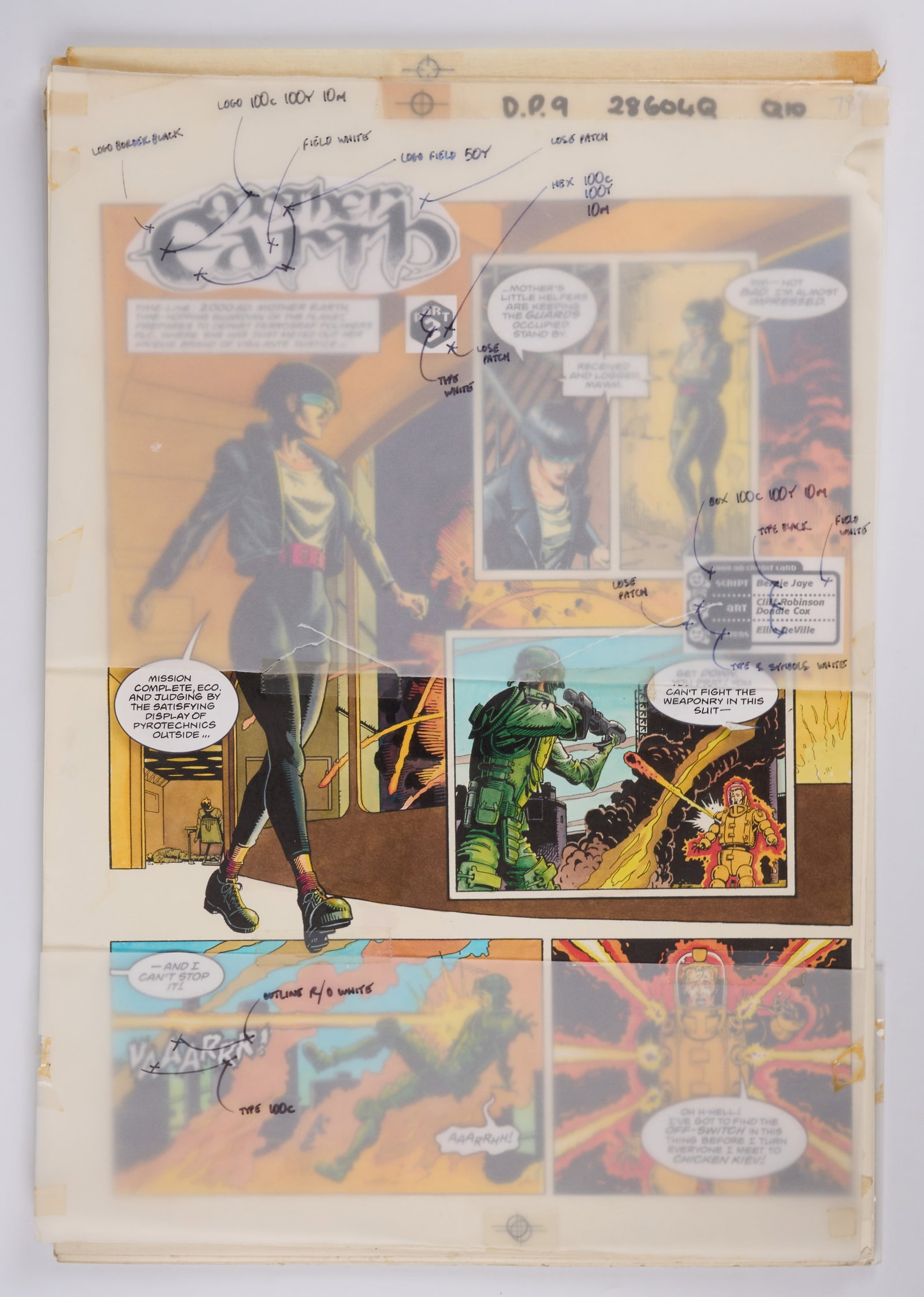Cliff Robinson 2000 AD prog #868 and #869 Mother Earth Colour Story Pages (Fleetway, 1994) Total 6: 2000 AD prog #868 Mother Earth Colour Story Pages (Fleetway, 1994) Total 6Original full colour story pages with overlay of speech bubbles and sound effects on celluloid paper, of 2000 AD Prog #868 ?Mo