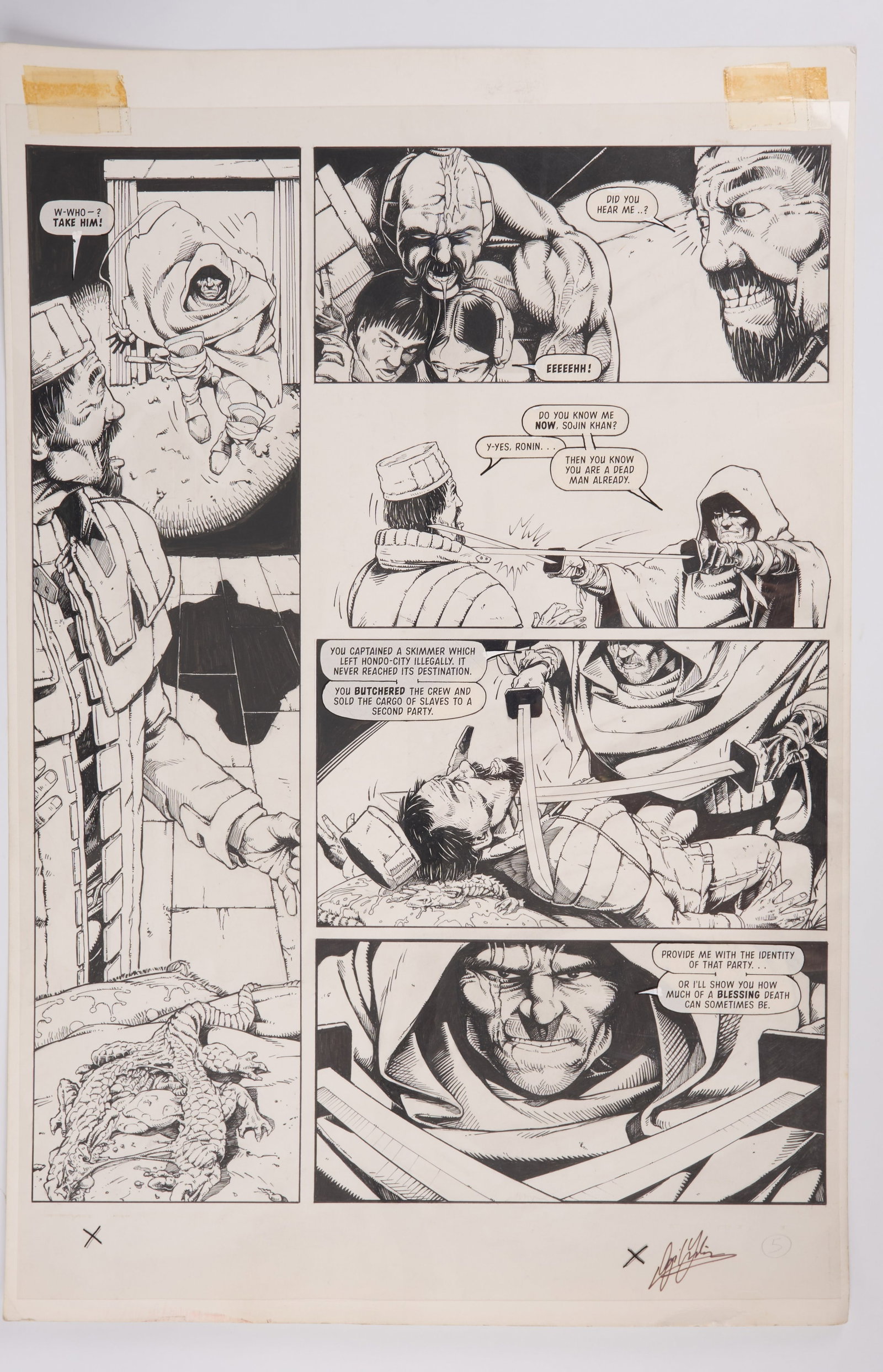 Cyril Julien Judge Dredd Megazine #19 Web Inked Story Pages Signed (Fleetway, 1996) Total 3: Judge Dredd Megazine #19 Web Inked Story Pages (Fleetway, 1996) Total 3.?Original inked story pages and overlay of speech bubbles on celluloid paper, of Judge Dredd Megazine Vol. 3 #19 ?Web?, pages 5-