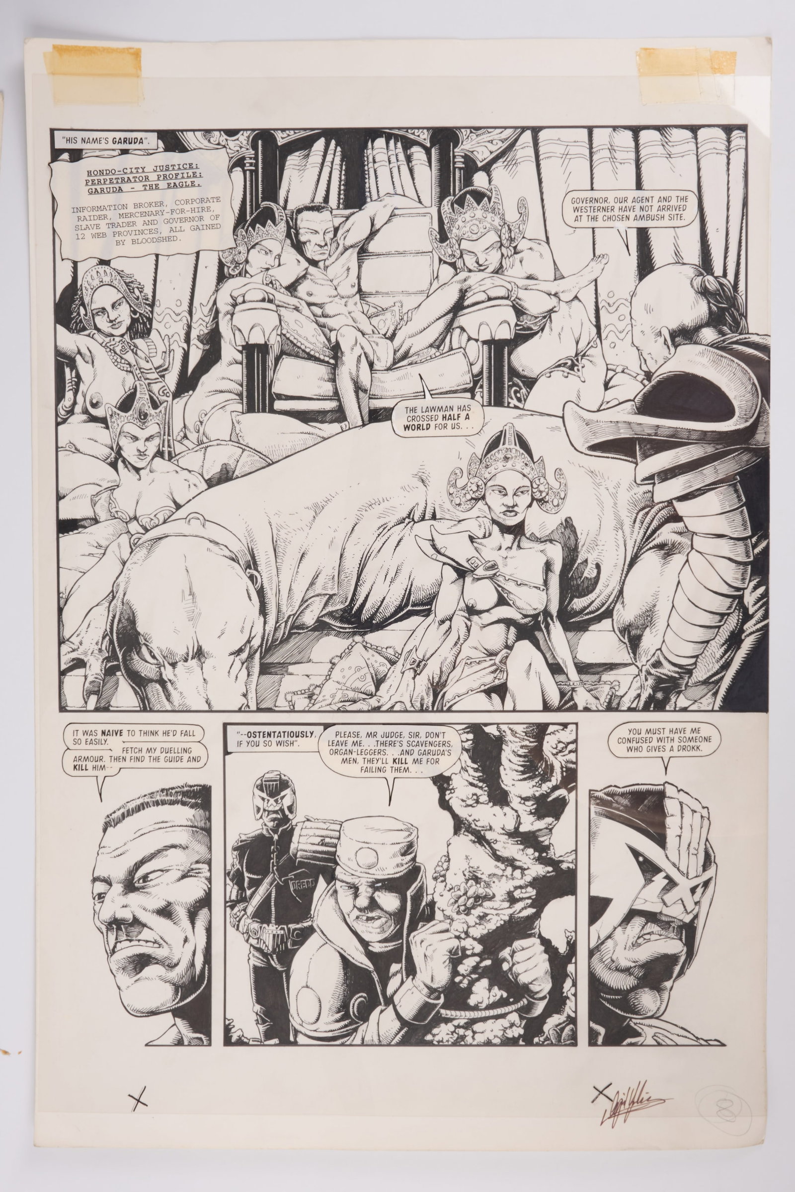 Cyril Julien Judge Dredd Megazine #19 Web Inked Story Pages Signed (Fleetway, 1996) Total 3: Judge Dredd Megazine #19 Web Inked Story Pages (Fleetway, 1996) Total 3.?Original inked story pages and overlay of speech bubbles on celluloid paper, of Judge Dredd Megazine Vol. 3 #19 ?Web?, pages 8-