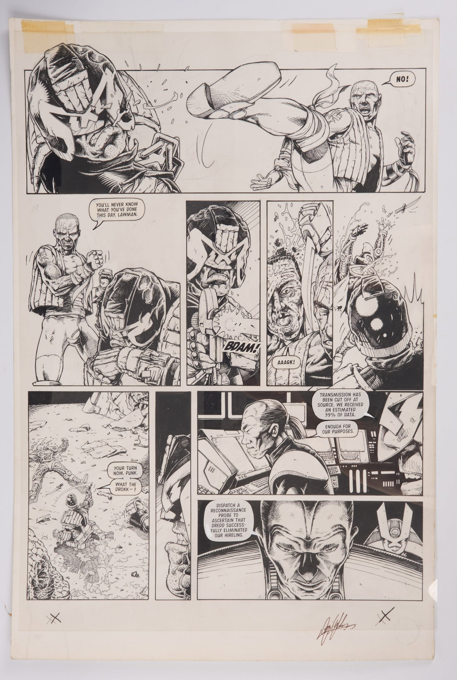 Cyril Julien Judge Dredd Megazine #19 Web Inked Story Pages Signed (Fleetway, 1996) Total 2: Judge Dredd Megazine #19 Web Inked Story Pages (Fleetway, 1996) Total 2.?Original inked story pages and overlay of speech bubbles on celluloid paper, of Judge Dredd Megazine Vol. 3 #19 ?Web?, pages 14