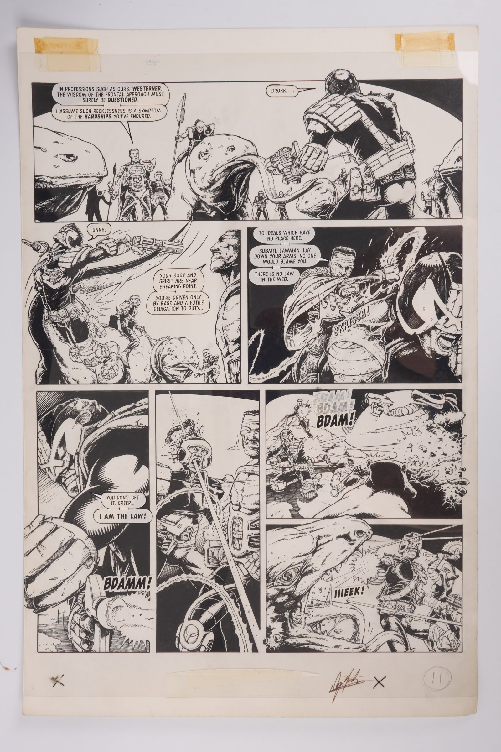Cyril Julien Judge Dredd Megazine #19 Web Inked Story Pages (Fleetway, 1996) Total 3: Judge Dredd Megazine #19 Web Inked Story Pages (Fleetway, 1996) Total 3.?Original inked story pages and overlay of speech bubbles on celluloid paper, of Judge Dredd Megazine Vol. 3 #19 ?Web?, pages 11