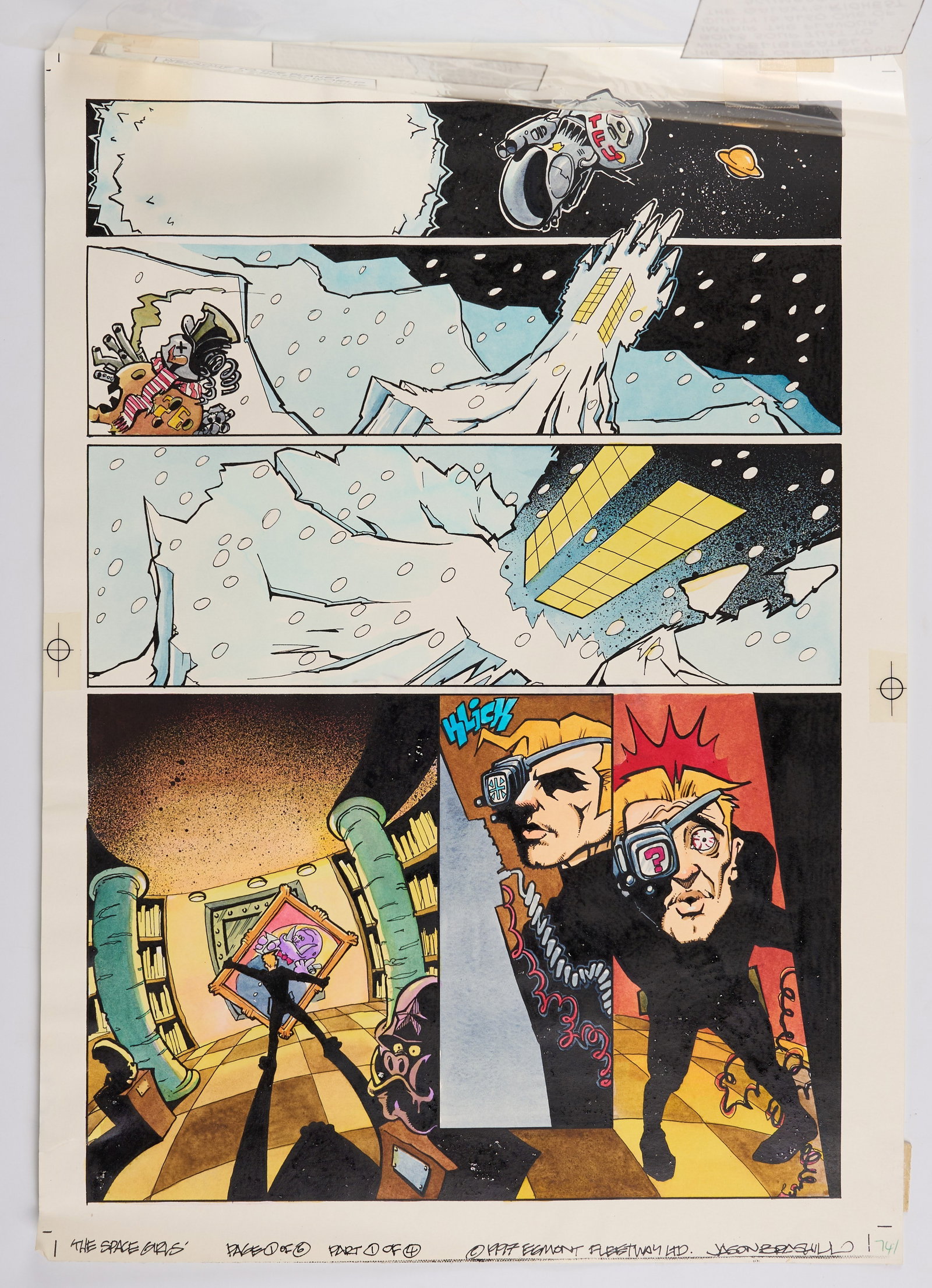 Jason Brashill 2000 AD Prog #1062 First Appearance Of Space Girls Colour Story Pages (Fleetway,: 2000 AD Prog #1062 Space Girls Colour Story Pages (Fleetway, 1997) Total 5.Original colour story art pages with overlay of speech bubbles and sound effect on celluloid paper, of 2000 AD Prog #1062 ?Sp