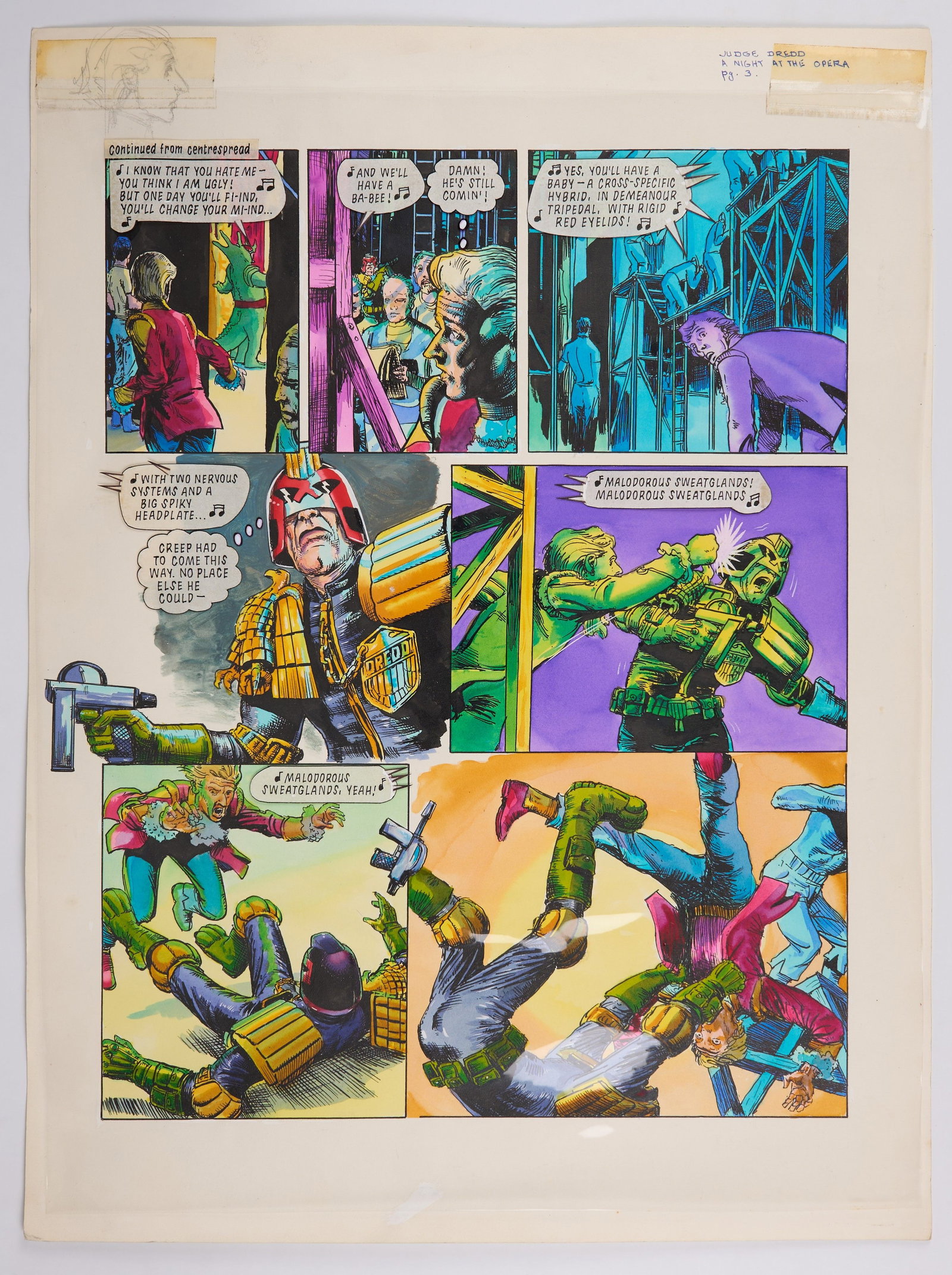 John Ridgway 2000 AD Prog #597 Judge Dredd 'Night At The Opera' Story Pages (Fleetway, 1988) Total 2: 2000 AD Judge Dredd 'Night At The Opera' Page 3 Story Page (Fleetway, 1988). Total 2Original colour story page for 2000 AD Prog #597, ?Judge Dredd, Night At The Opera?, page 3 and 6. Overlay of speech