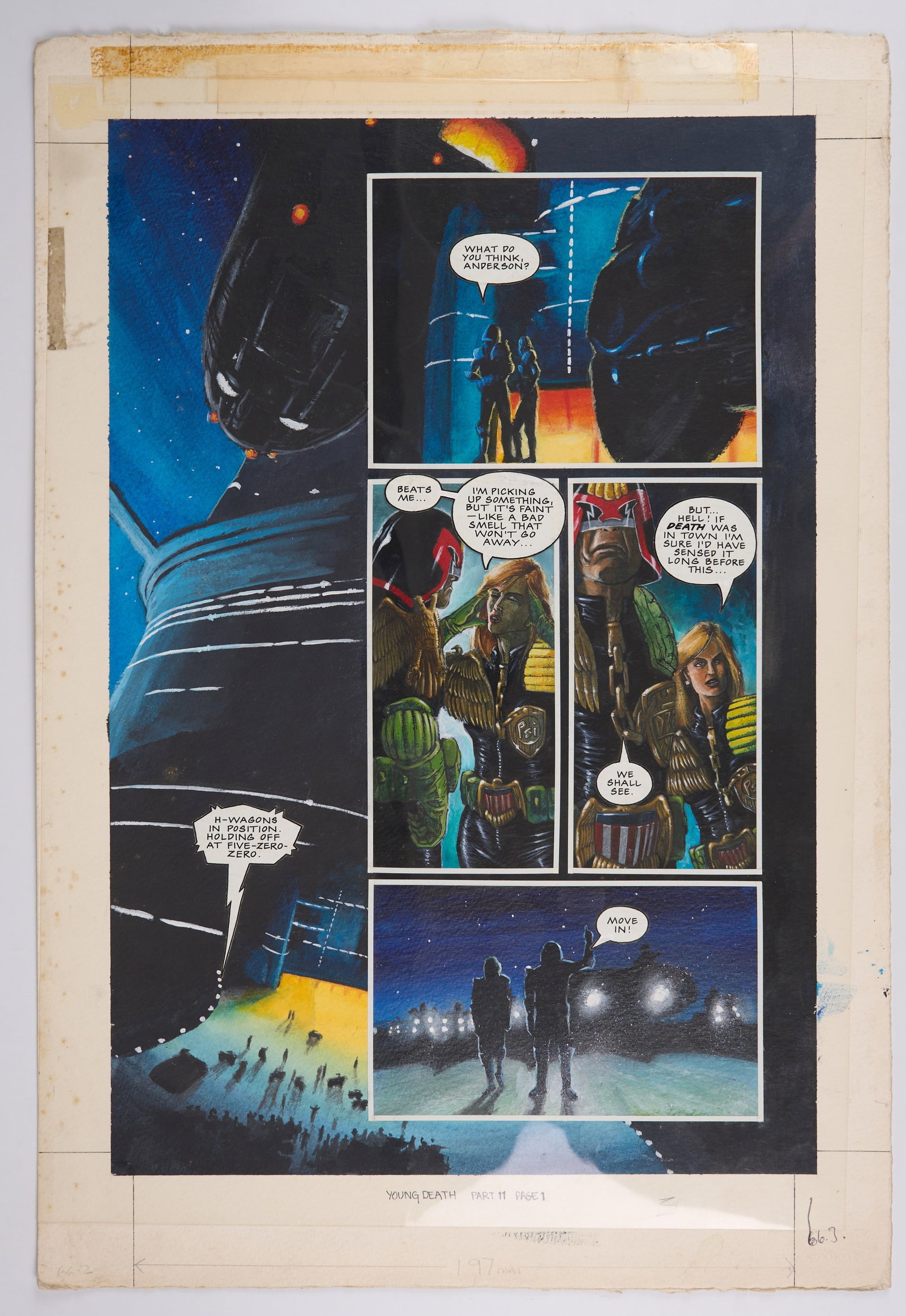 John Wagner 2000 AD Judge Dredd Megazine Prog #11 Young Death Full Colour Comic Page (Fleetway,: 2000 AD Judge Dredd Megazine Full Colour Comic Pages (Fleetway, 1990) Total 2.Original colour comic art and animation paper speech bubbles of 2000 AD Judge Dredd Megazine #11 ?Young Death Part 11? pag