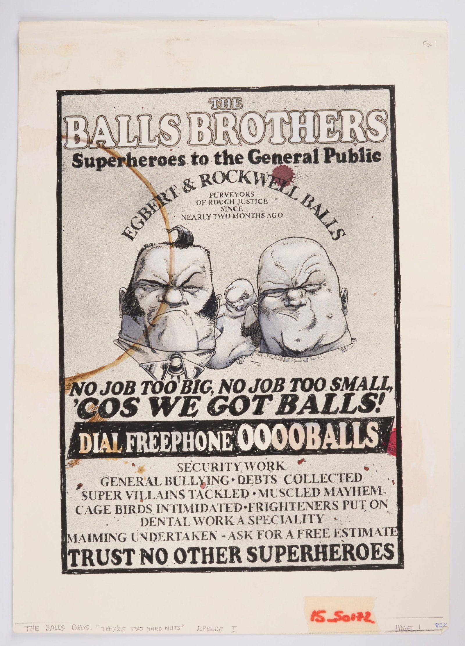 Kevin Walker 2000 AD Prog #1128 The Balls Brothers ?Heroes For Hire Part 1? Story Pages (Fleetway,: 2000 AD Prog #1128 The Balls Brothers ?Heroes For Hire Part 1? Comics Pages (Fleetway, 1999) Total 8 Pages.First appearance of The Balls Brothers. Original colour pages and overlay speech bubbles of 2