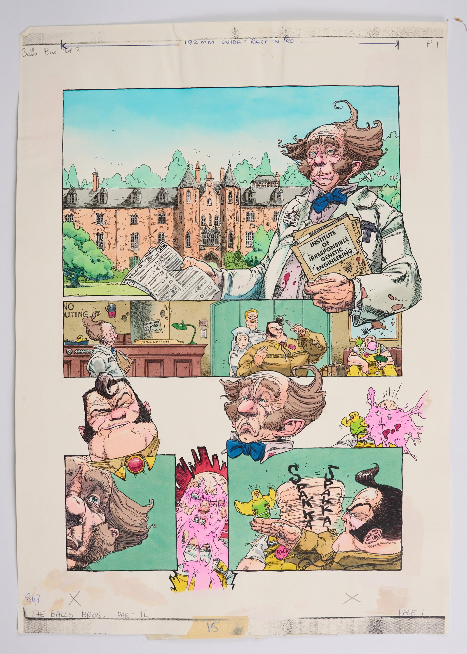 Kevin Walker 2000 AD Prog #1129 The Balls Brothers ?Heroes For Hire Part 2? Story Pages (Fleetway,: 2000AD Prog #1129 The Balls Brothers ‘Heroes For Hire Part 2’ Comics Pages (Fleetway, 1999) Total 9 Pages.Original full colour comic art and animation paper speech bubbles of 2000AD #1129 ‘Heroe