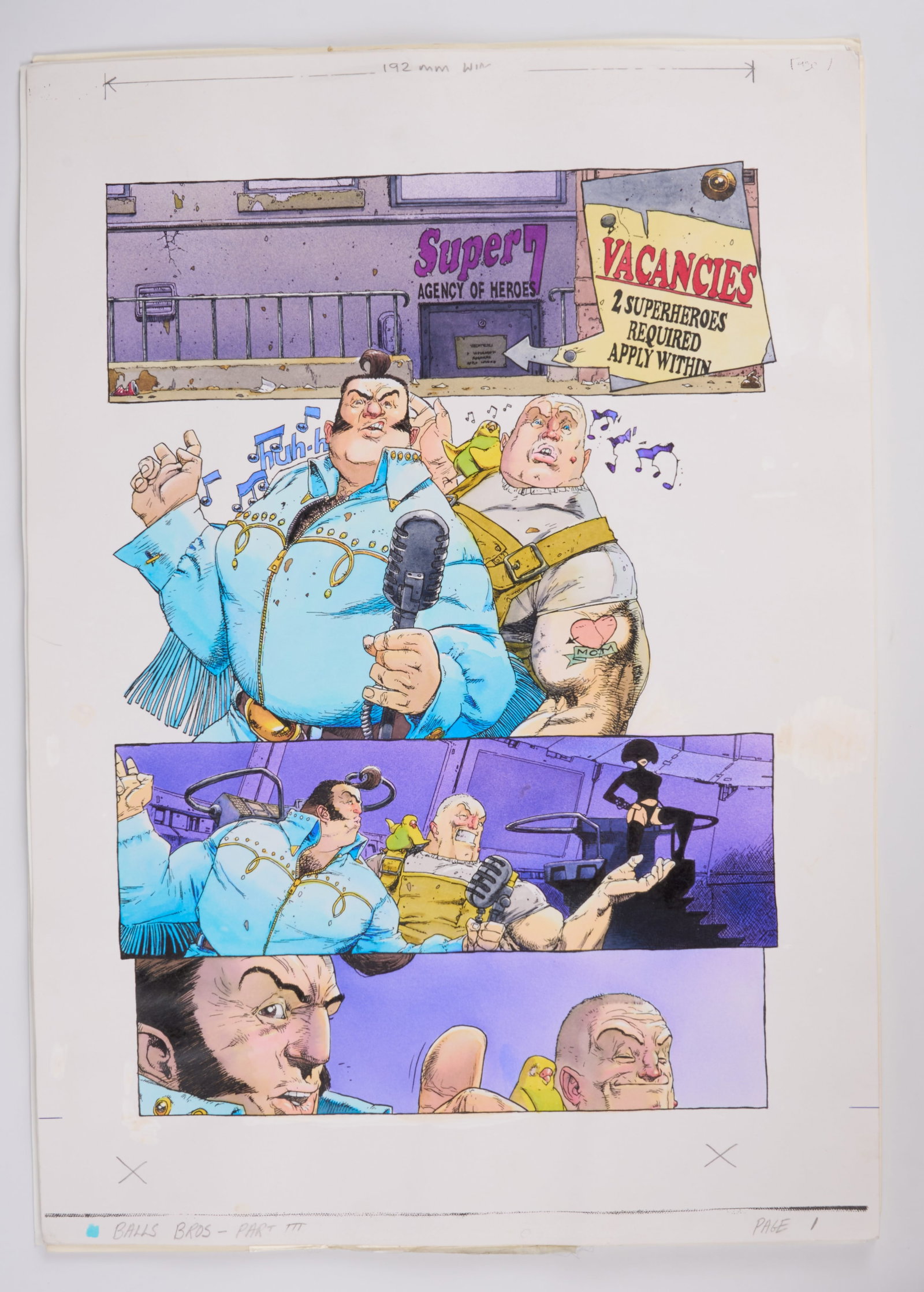 Kevin Walker 2000 AD Prog #1130 The Balls Brothers ?Heroes For Hire Part 3? Comics Pages (Fleetway,: 2000 AD Prog #1130 The Balls Brothers ‘Heroes For Hire Part 3’ Comics Pages (Fleetway, 1999) Total 9 Pages.Original full colour art comic pages and animation paper speech bubbles of 2000AD #1130 �