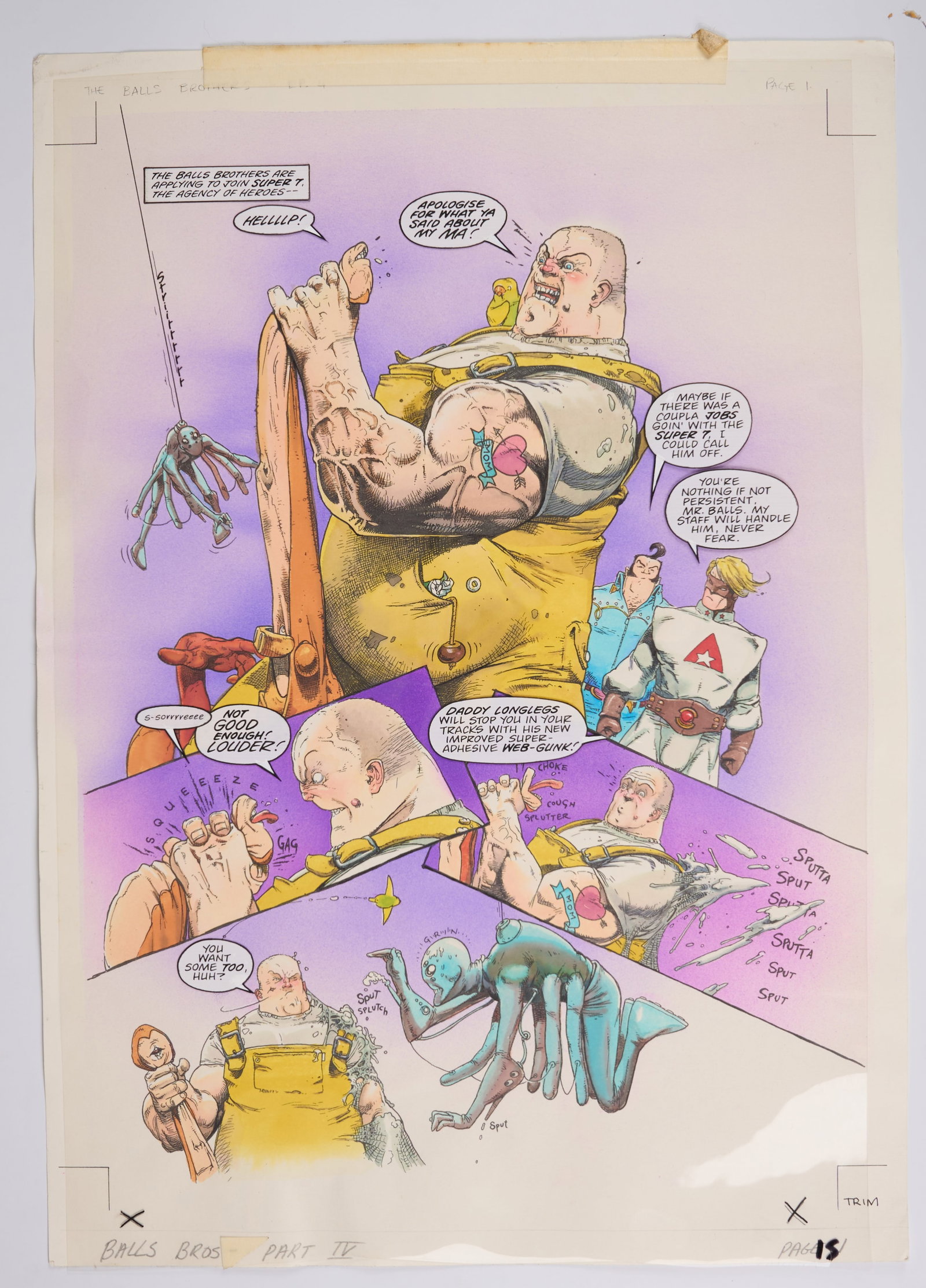 Kevin Walker 2000 AD Prog #1131 The Balls Brothers Heroes For Hire Part 4 Story Pages (Fleetway,: 2000 AD Prog #1131 The Balls Brothers ‘Heroes For Hire Part 4’ Story Pages (Fleetway, 1999) Total 8. Original full colour comic pages and animation paper speech bubbles of 2000 AD #1131 ‘Heroes 