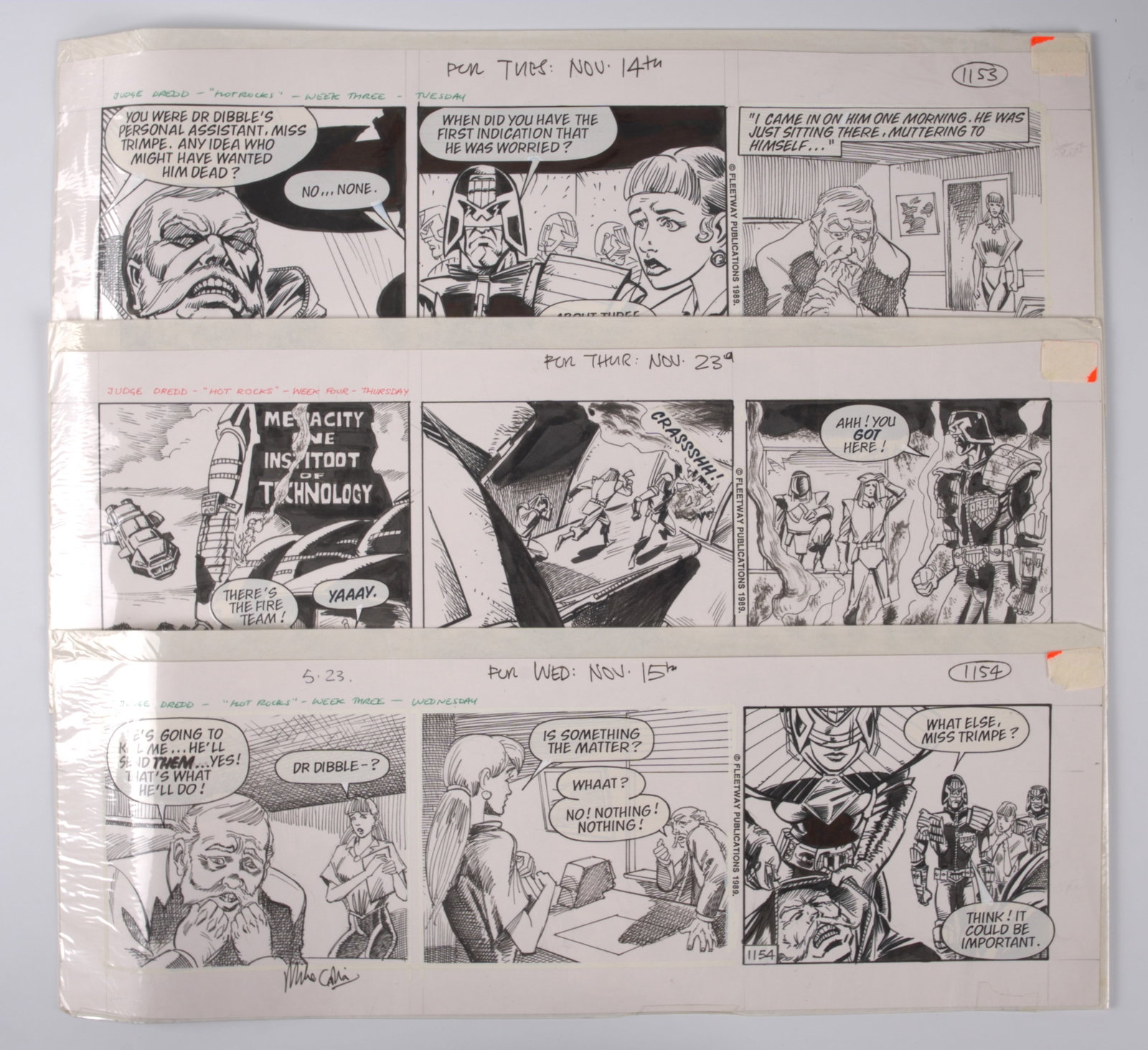 Mike Collins 2000 AD Judge Dredd: Hot Rocks Daily Serial Inked Panels #1153, #1154 & #1161: 2000AD Judge Dredd Daily Serial Inked Comic Panels #1153, #1154 & #1161 (Fleetway/Daily Star, 1989) Total 3.Three Judge Dredd Daily Star original ink panels, signed by Mike Collins. All are from the ?