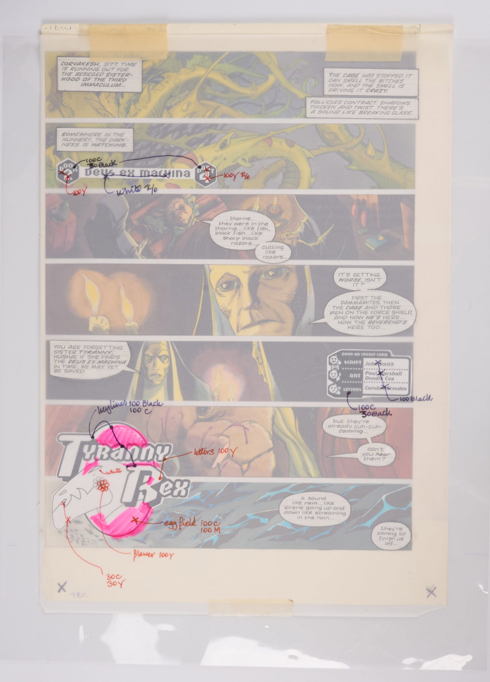 Paul Marshall & Dondie Cox 2000 AD Prog #876 Deus Ex Machina Book 2 Colour Story Pages (Fleetway,: 2000 AD Prog #876 Deus Ex Machina Book 2 Colour Story Pages (Fleetway, 1994) Total 5.Original colour story art pages with overlay of speech bubbles and sound effect on celluloid paper, of 2000 AD Prog