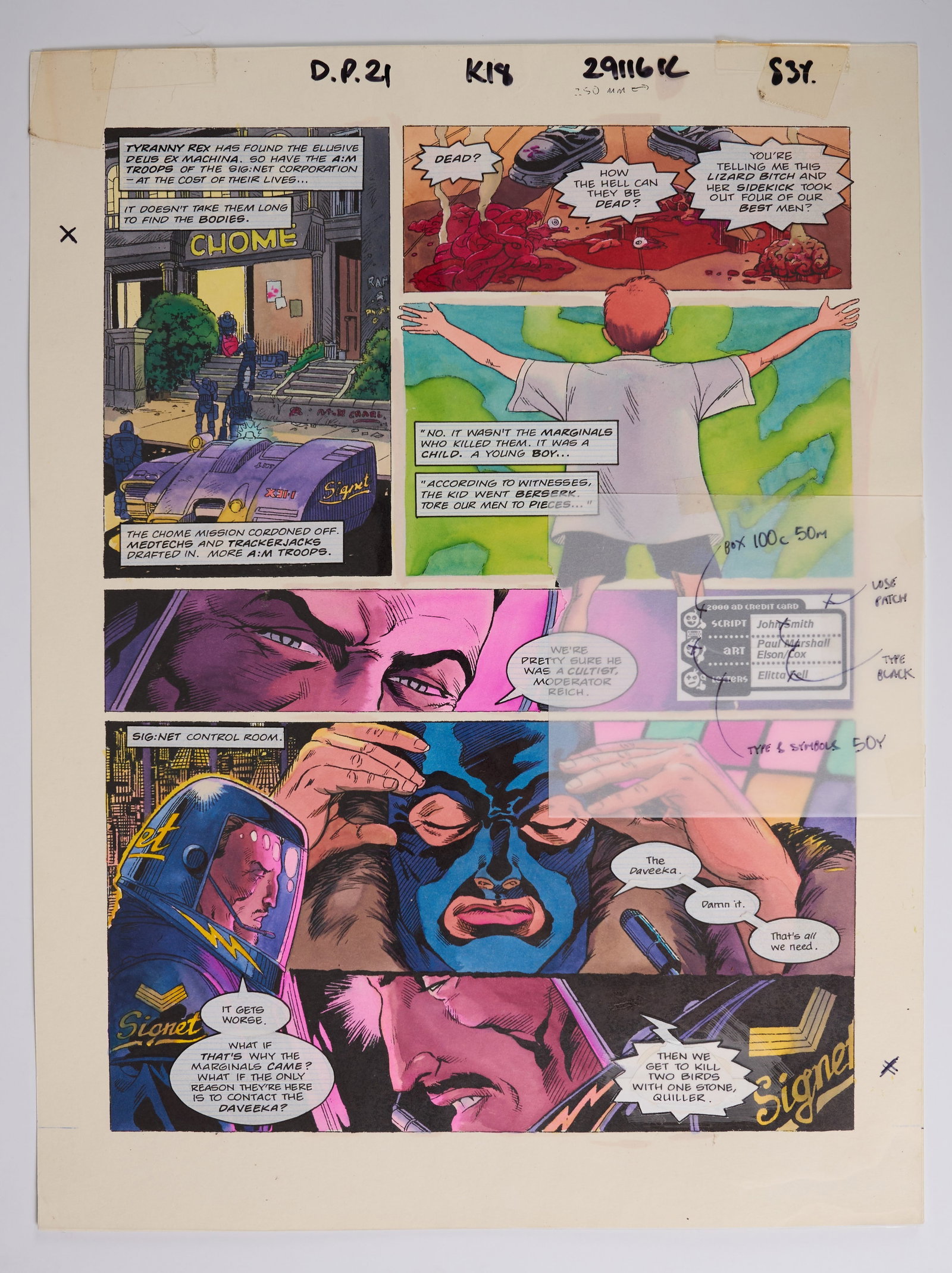 Paul Marshall & Dondie Cox 2000 AD Prog #877 Deus Ex Machina Book 2 Colour Story Pages (Fleetway,: 2000 AD Prog #877 Deus Ex Machina Book 2 Colour Story Pages (Fleetway, 1994) Total 4.Original colour story art pages with overlay of speech bubbles and sound effect on celluloid paper, of 2000 AD Prog