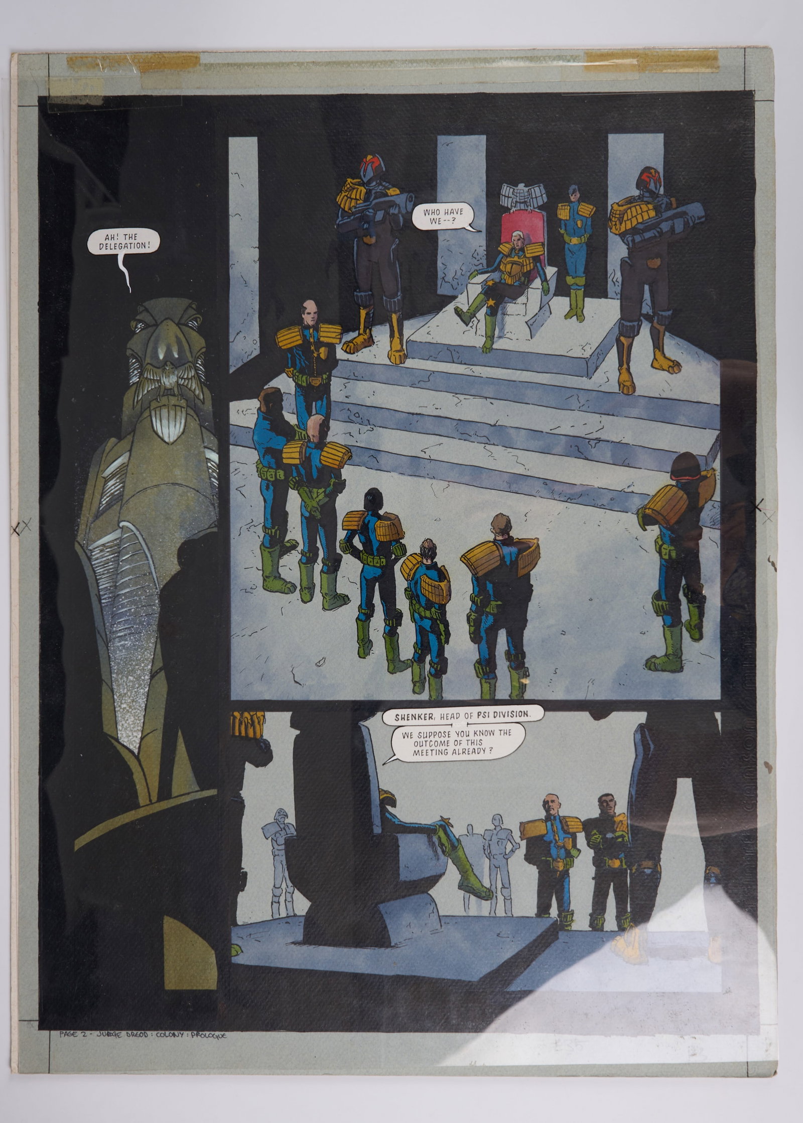 Peter Doherty 2000 AD Judge Dredd Megazine #57 'Colony: Prologue' Full Story Pages (Fleetway, 1999): 2000 AD Judge Dredd Megazine #57 'Colony: Prologue' Full Story Pages (Fleetway, 1999) Total 3.Original colour art comic art and translucent paper with speech bubbles, of 2000 AD Judge Dredd Megazine '