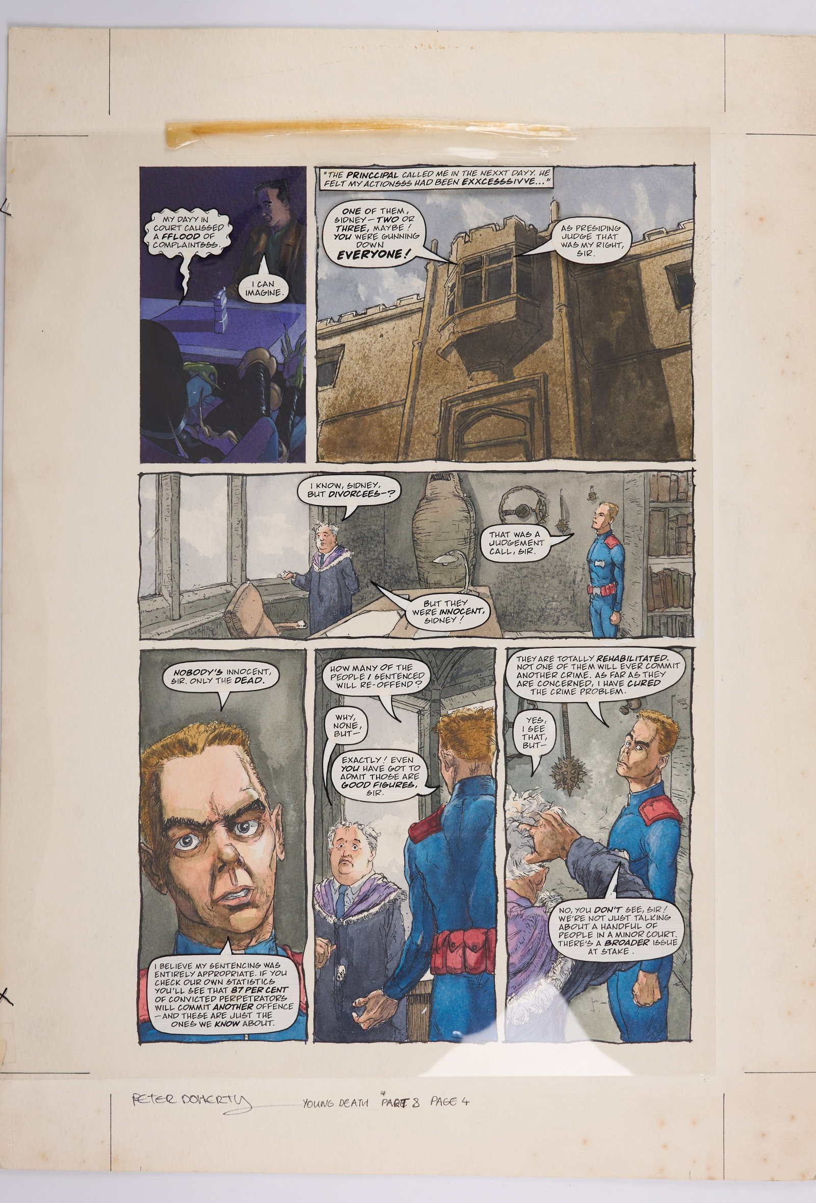 Peter Doherty 2000 AD Judge Dredd Megazine #8 Young Death Part 8 Story Page Signed (Fleetway, 1991): 2000 AD Judge Dredd Megazine #8 Young Death Part 8 Story Page (Fleetway, 1991).Colour story page with overlay of speech bubbles on celluloid paper, of Judge Dredd Megazine #8 ?Young Death Part 8?, pag