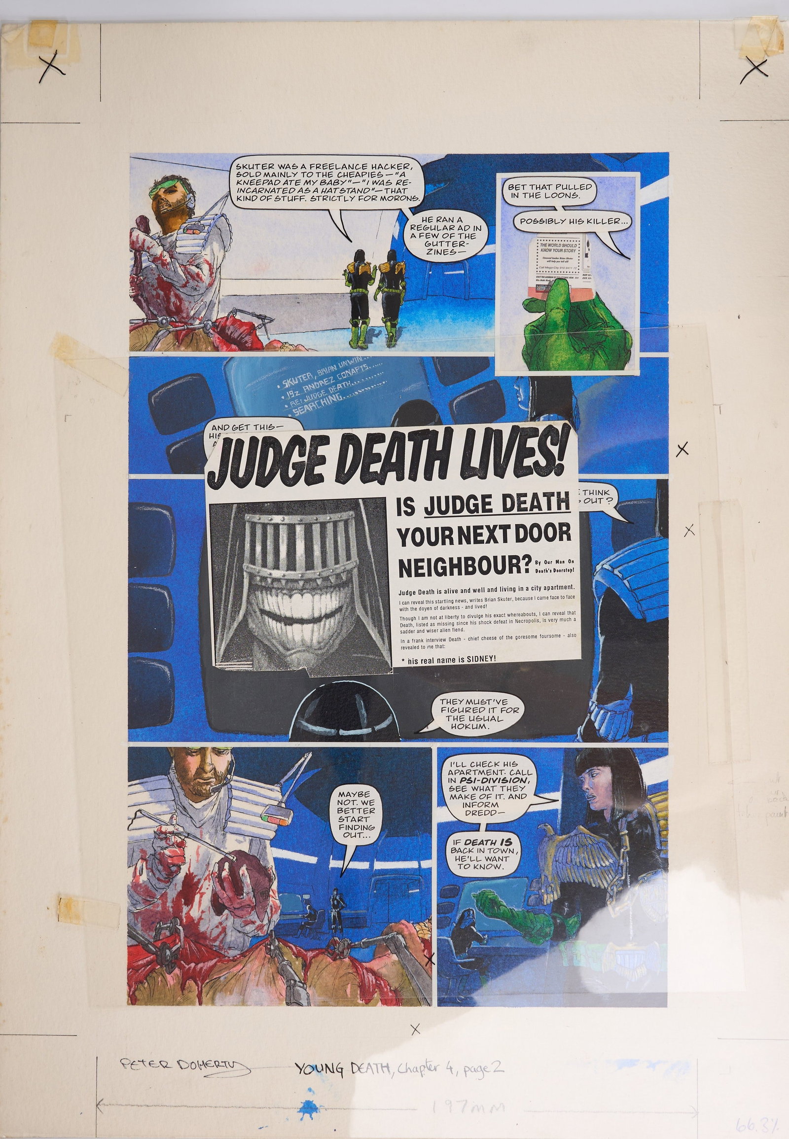 Peter Doherty 2000 AD Judge Dredd Megazine Young Death Colour Story Pages (Fleetway, 1990-1) Total 2: 2000 AD Judge Dredd Megazine Story Pages (Fleetway, 1990-1) Total 2Original full colour comic pages and animation paper speech bubbles from 2000AD Judge Dredd Megazine #2 ?Young Death Part 2? page 2. 