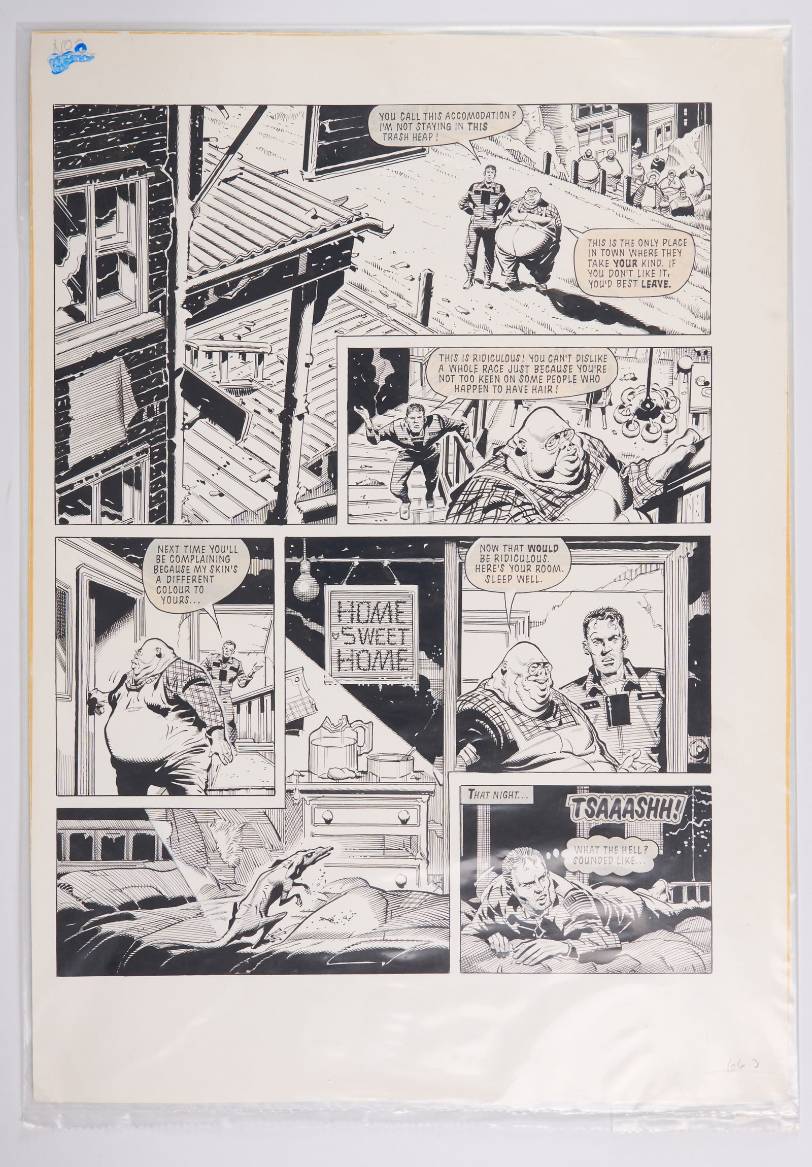 Ron Smith 2000 AD Prog #628 and Prog #676 Story Pages (Fleetway, 1989-1990) Total 2: 2000 AD Prog #628 and Prog #676 Story Pages (Fleetway, 1989-1990) Total 2.Inked story pages with glued speech bubbles for 2000 AD Prog #628 ?Race Relations?, pages 2. Art by Ron Smith and story by Nic