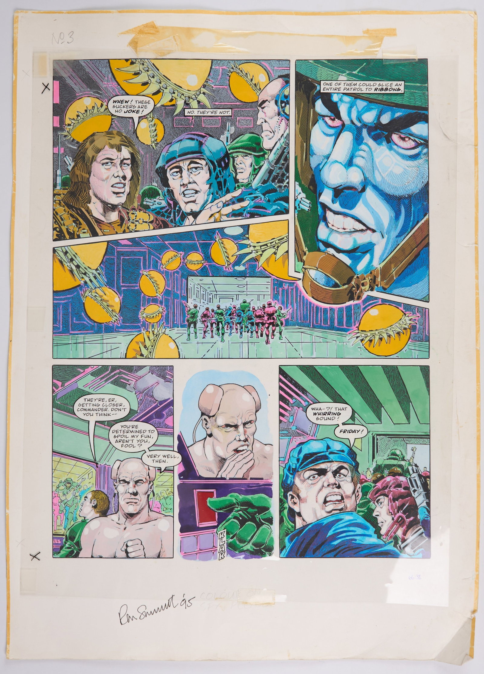 Ron Smith 2000 AD Prog #721 And #722 Golden Fox Rebellion Story Pages Signed (Fleetway, 1991) Total: 2000 AD Prog #721 And #722 Golden Fox Rebellion Story Pages (Fleetway, 1991) Total 3.Full colour comic story pages with an overlay of speech bubbles and sound effects on celluloid paper. From, 2000 AD