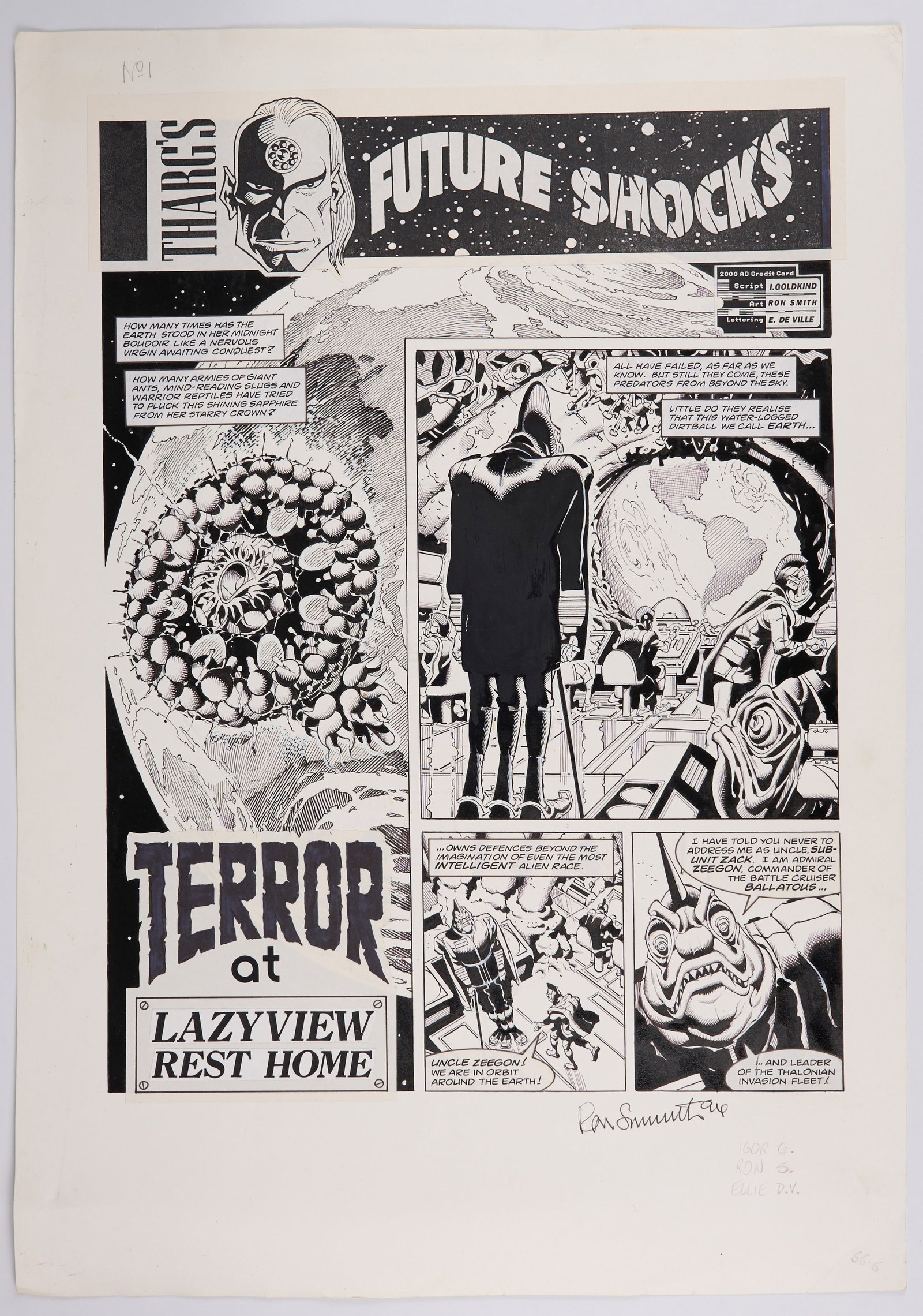 Ron Smith 2000 AD Prog #831 Tharg's Future Shock Full Ink Story Pages Signed (Fleetway, 1993) Total: 2000 AD Prog #831 Tharg's Future Shock Full Ink Story Pages Signed (Fleetway, 1993) Total 5 Pages.Original hand drawn full art comic art and glued speech bubbles of 2000 AD #831 ?Tharg's Future