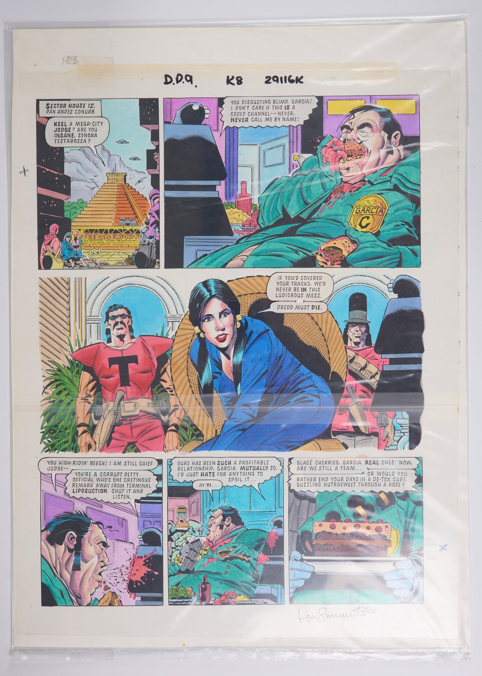 Ron Smith 2000 AD Prog #877 Sugar Beat Colour Story Pages Signed (Fleetway, 1994) Total 2: 2000 AD Prog #877 Sugar Beat Colour Story Pages (Fleetway, 1994) Total 2.?Full colour comic story pages with an overlay of speech bubbles and sound effects on celluloid paper. From, 2000 AD Prog