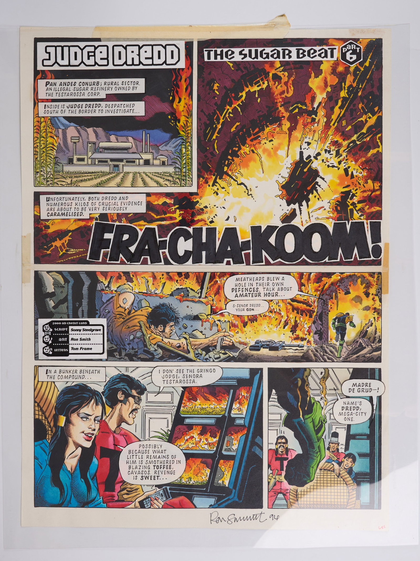 Ron Smith 2000 AD Prog #878 Sugar Beat Colour Story Page Signed (Fleetway, 1994) Total 2: 2000 AD Prog #878 Sugar Beat Colour Story Pages (Fleetway, 1994) Total 2.?Full colour comic story pages with an overlay of speech bubbles and sound effects on celluloid paper. From, 2000 AD Prog #877,