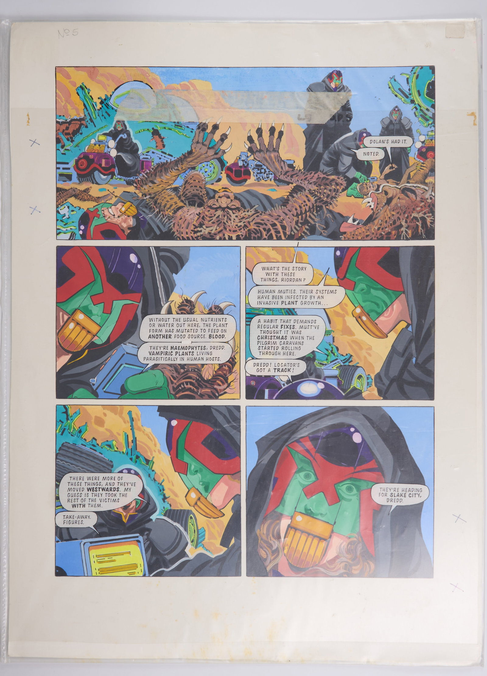 Ron Smith 2000 AD Prog #895 And #896 Rad Blood Colour Story Pages Signed (Fleetway, 1994) Total 2: 2000 AD Prog #895 And #896 Rad Blood Colour Story Pages (Fleetway, 1994) Total 2.Full colour comic story pages with an overlay of speech bubbles and sound effects on celluloid paper. From, 2000 AD