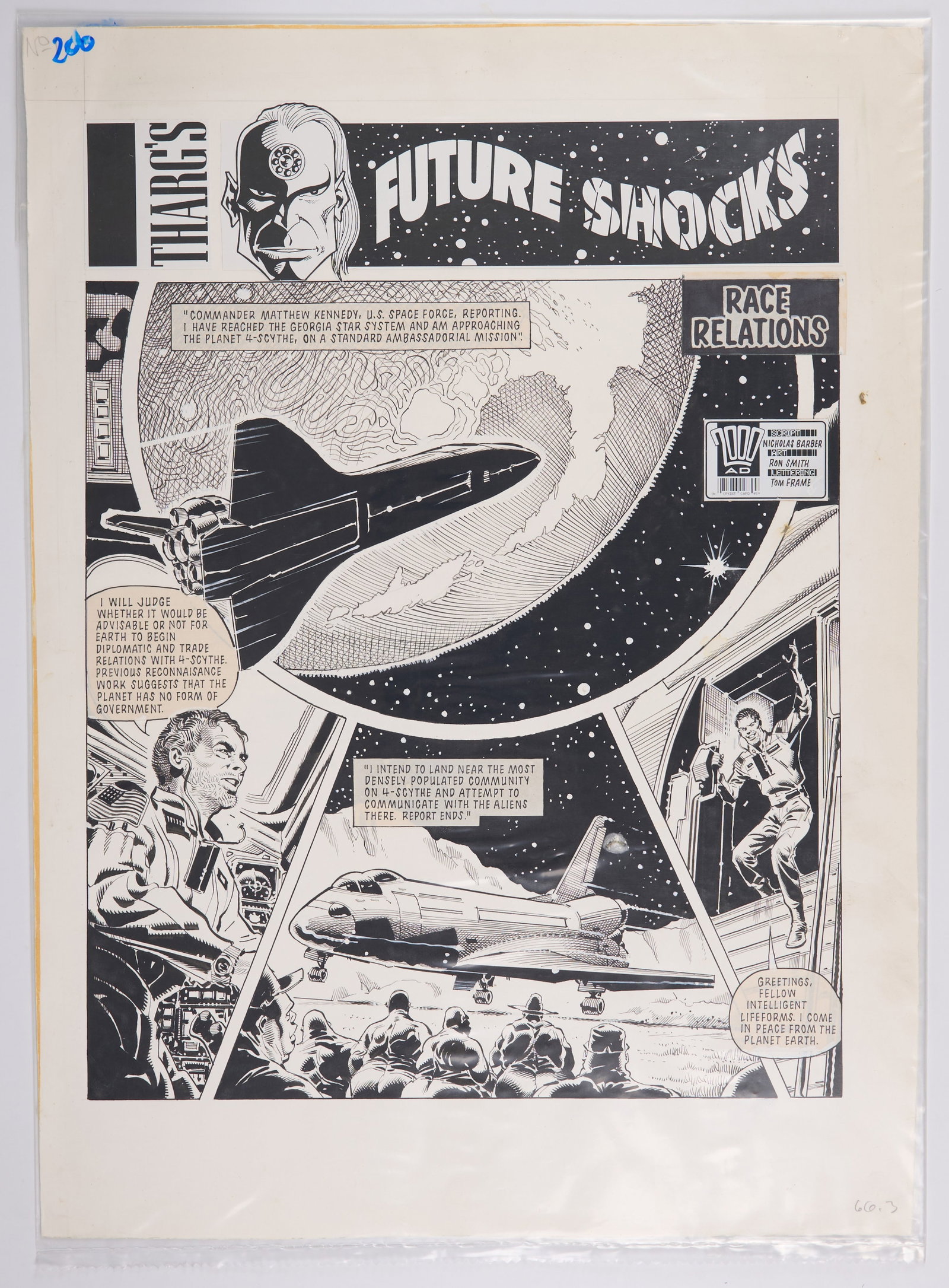 Ron Smith 2000 AD Tharg's Future Shock Race Relations & Reunion Title Story Pages (Fleetway, 1989): 2000 AD Tharg's Future Shock Race Relations & Reunion Title Story Pages (Fleetway, 1989) Total 2.Two ink story pages with glued speech bubbles for ?Tharg?s Future Shock'. Page 1 from ?Race Relations? 