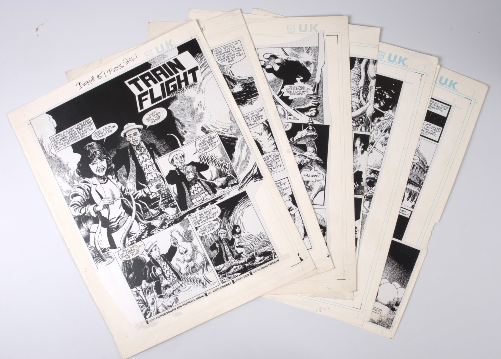 John Ridgway Doctor Who Monthly #161 'Train Flight' Printed Guide Pages (Marvel UK, 1990) Total 7: Doctor Who Monthly #161 'Train Flight' Printed Guide Pages (Marvel UK, 1990) Total 7.Printed inked story guide pages from DWM #161, ?Train Flight Part Three?, pages 25-31. The story follows the Sevent