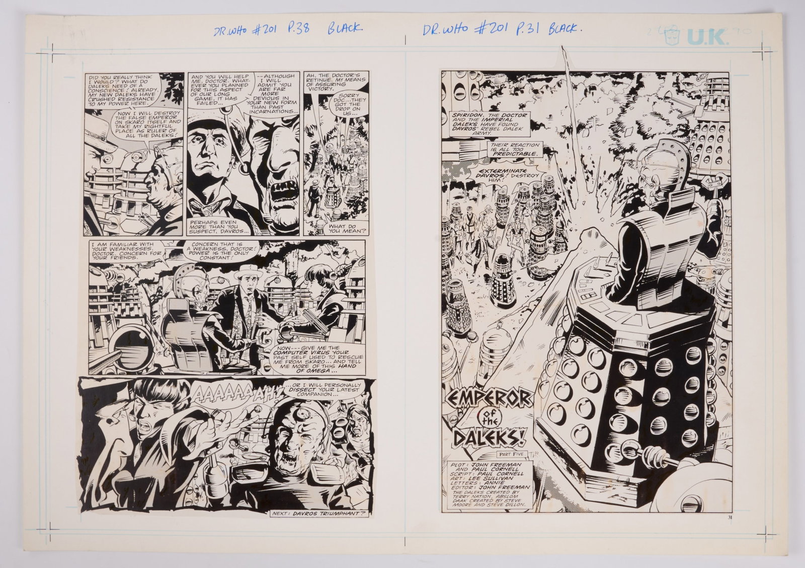 Lee Sullivan Doctor Who Monthly #201 'Emperor Of The Daleks' Printed Story Guide Pages (Marvel UK,: Doctor Who Monthly #201 'Emperor Of The Daleks' Printed Story Guide Pages (Marvel UK, 1990) Total 4.Printed inked story pages for Doctor Who Monthly #201 ?Emperor of the Dalek Part 5?, pages 31-38. Th