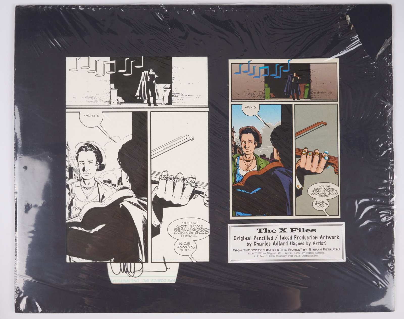 Charles Adlard X-Files Digest #2 Dead To The World Inked Story Pages Signed (Topps Comics, 1995-98): X-Files Digest #2 Dead To The World Page Inked Story Pages (Topps Comics, 1995-98) Total 2.Original hand drawn and inked X-Files Digest #2 'Dead To The World Page?. Mounted onto cardboard with a black