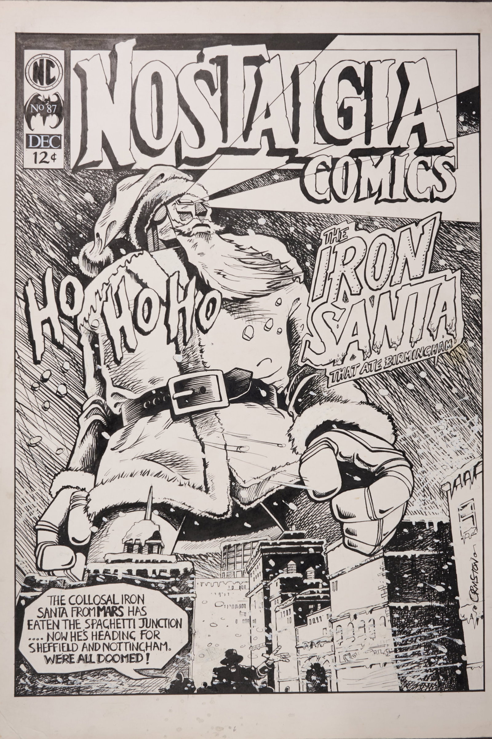 Dean Ormston UK Underground Nostalgia Comics #87 The Iron Santa Inked Cover Page Signed (NC,: Dean Ormston UK Underground Nostalgia Comics #87 The Iron Santa Inked Cover Page Signed (NC, December 1980s)?Original inked cover for Nostaglia Comics #87, ?The Iron Giant That Ate Birmingham? by Dean