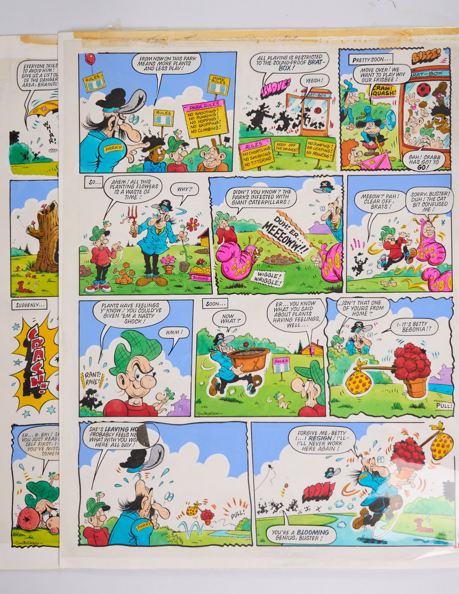 Tom Paterson Buster UK Full Colour Story Page (IPC/Fleetway, 1988) Total 2: Tom Paterson Buster UK Colour Story Page (IPC/Fleetway, 1988) Total 2Original hand drawn full art comic art and overlay speech bubbles of Buster (Son of Andy Capp) 26th March 1988, page 2. With Buster