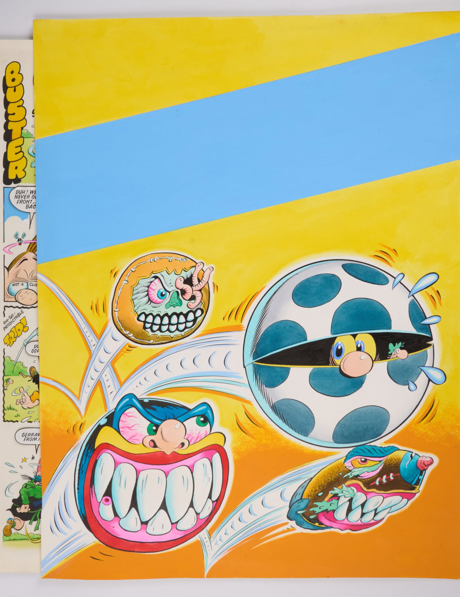 Tom Paterson Buster 30 January 1988 Mad Balls Cover Page Art And Page 32 (Fleetway, 1988) Total 2: Buster 30 January 1988 Mad Balls Cover Page Art And Page 32 (Fleetway, 1988), Total 2.Original cover art of Buster 30 January 1988, including two Mad Balls and a Mad Bullet; with Buster and worm hidin