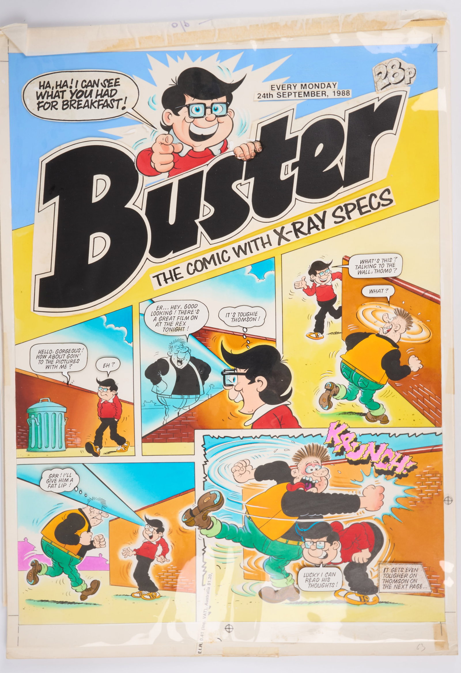 Tom Paterson Buster 24th September 1988 'The Comic With X-Ray Specs' Comic Cover Art (Fleetway,: Buster 24th September 1988 'The Comic With X-Ray Specs' Comic Cover Art (Fleetway, 1988).Original colour comic cover art from Buster ?The Comic With X-Ray Specs?, 1988. Art by Tom Paterson. The art sh