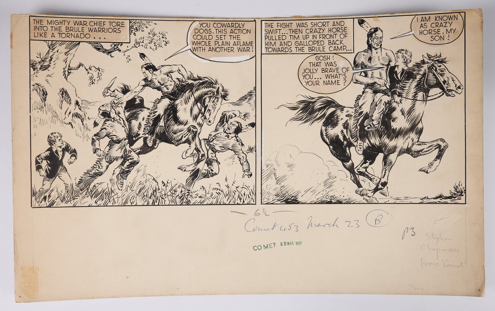 Stephen Chapman Strongbow the Mohawk Comet #453 Ink Comic Panel (Amalgamated Press, 1957) (1 of 3)